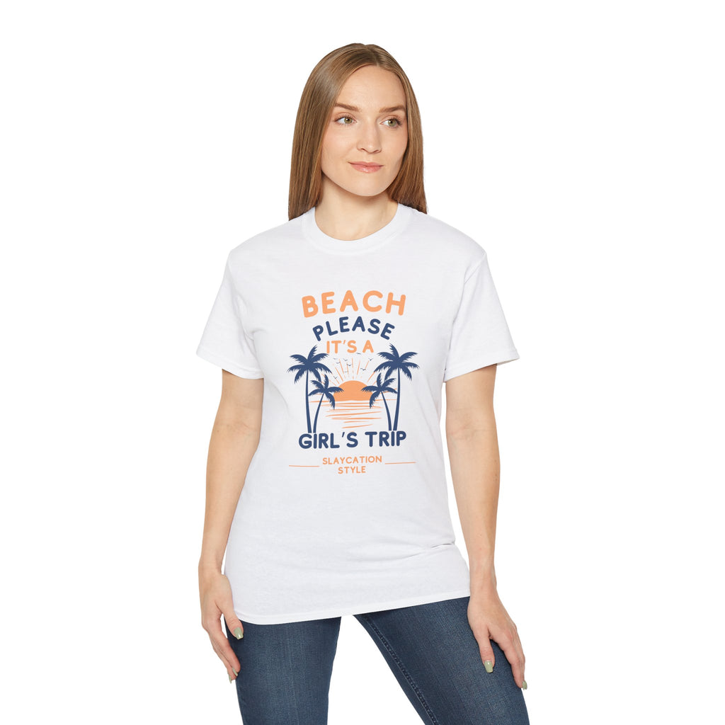 Beach Please It's a Girl's Trip Tee — Tropical Palm Sunset Vacation Shirt