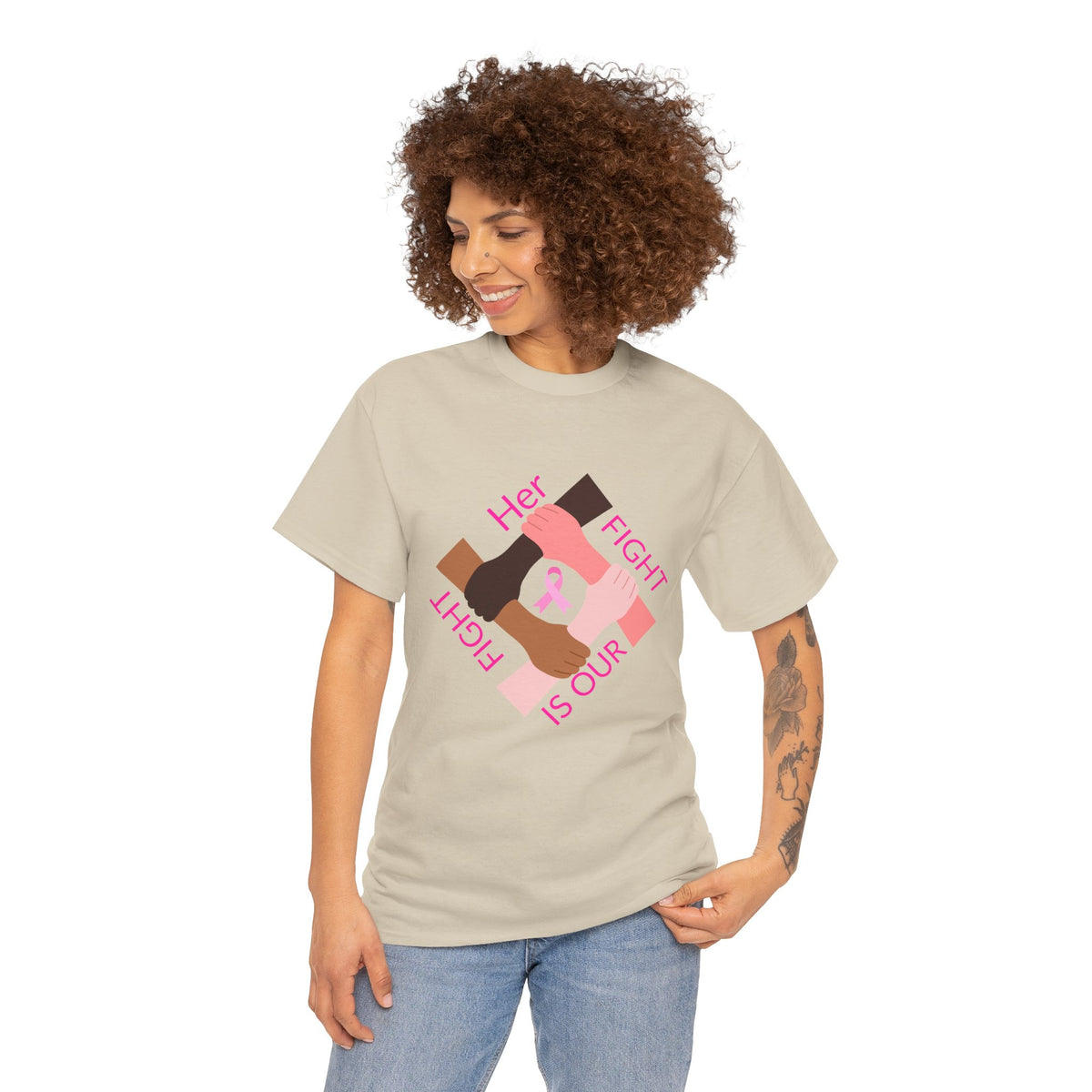 Breast Cancer Awareness Tee —Front of Tee “Our Fight Is Her Fight” and Back of Tee-Pink Ribbon "Sisters in The Fight" Support Shirt