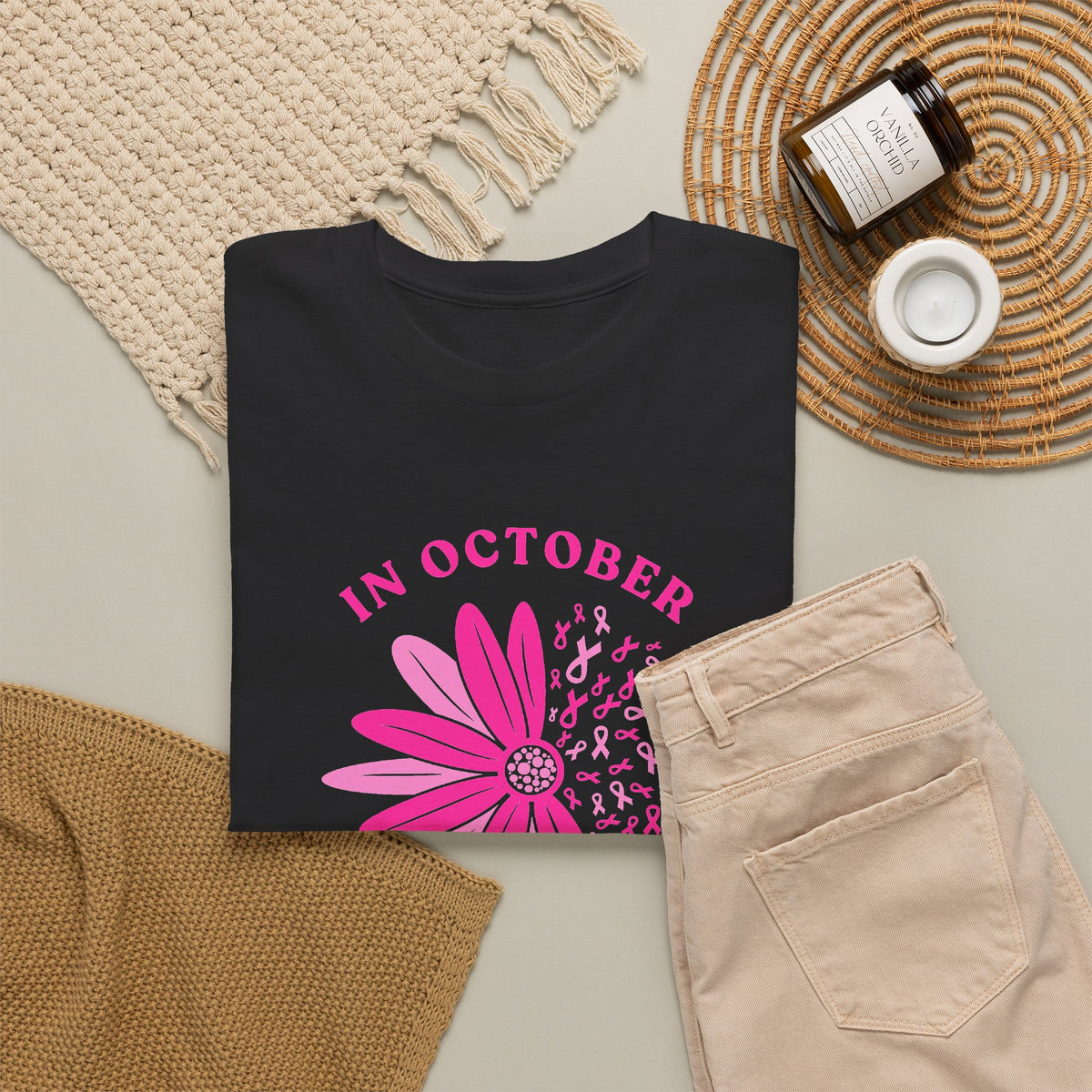 Breast Cancer Awareness Tee — "In October We Wear Pink" Floral Design