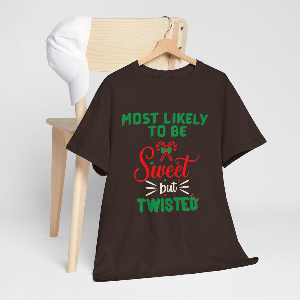 Most Likely to Be Sweet Twisted Christmas Candy Cane T-Shirt