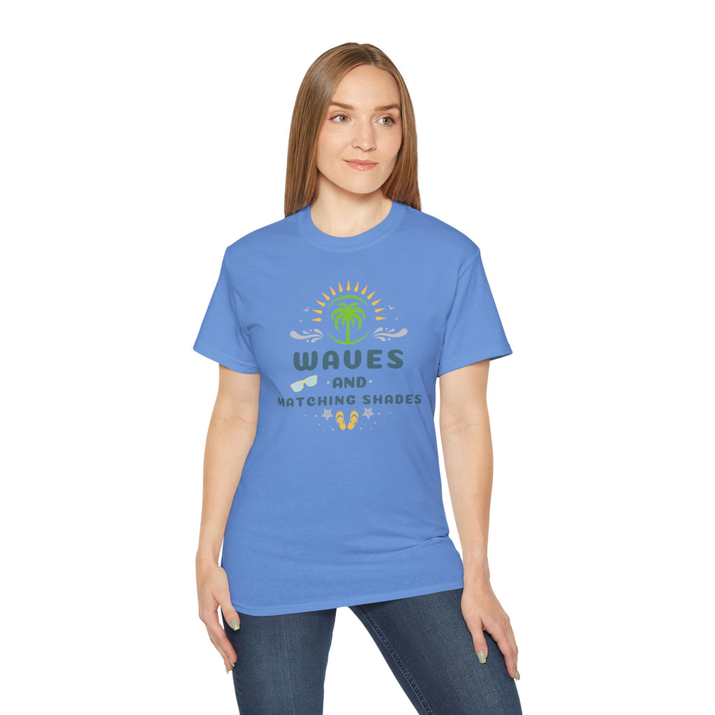 Waves and Matching Shades Tee — Retro Palm Beach Graphic T-Shirt
