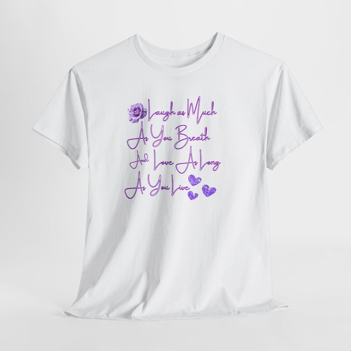 Inspirational Script Tee — "Breathe, Believe, Love" Purple Handwritten Design