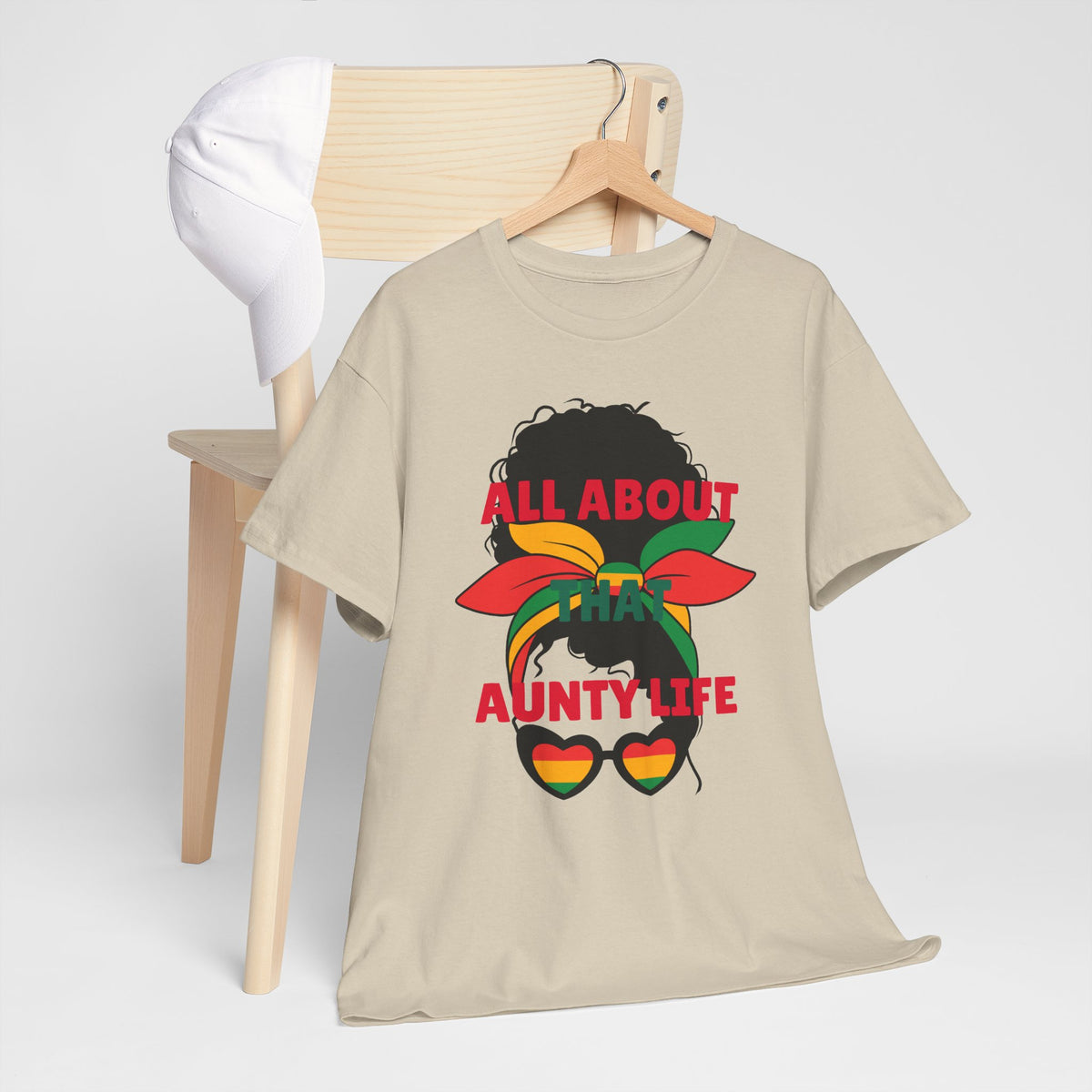 Aunty Life Tee – "All About Aunty Life" Graphic T-Shirt (Tropical Heart Sunglasses)