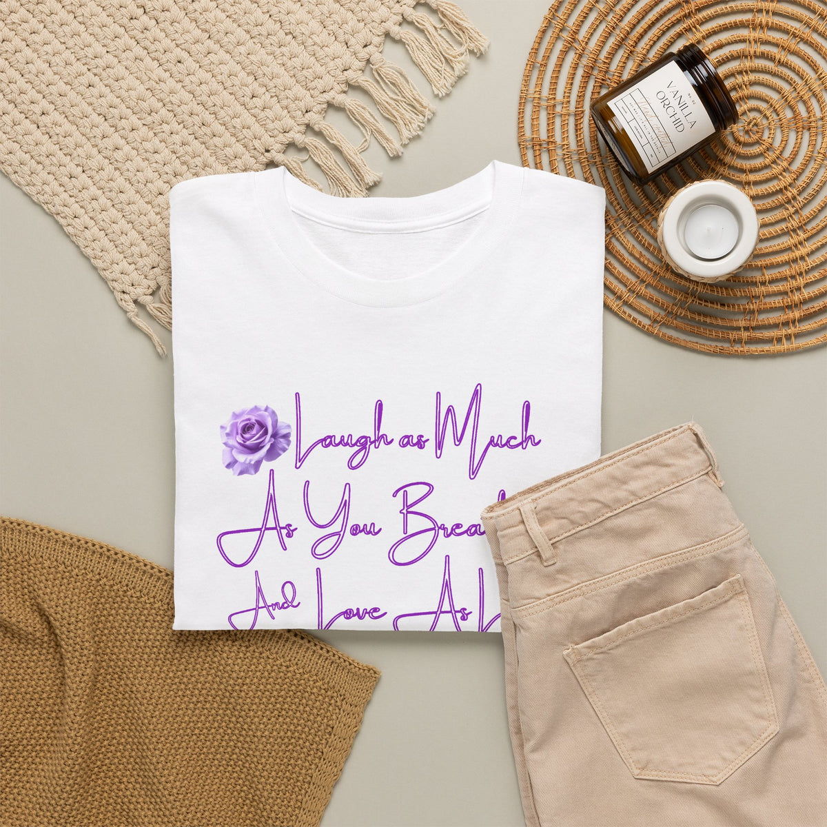 Inspirational Script Tee — "Breathe, Believe, Love" Purple Handwritten Design