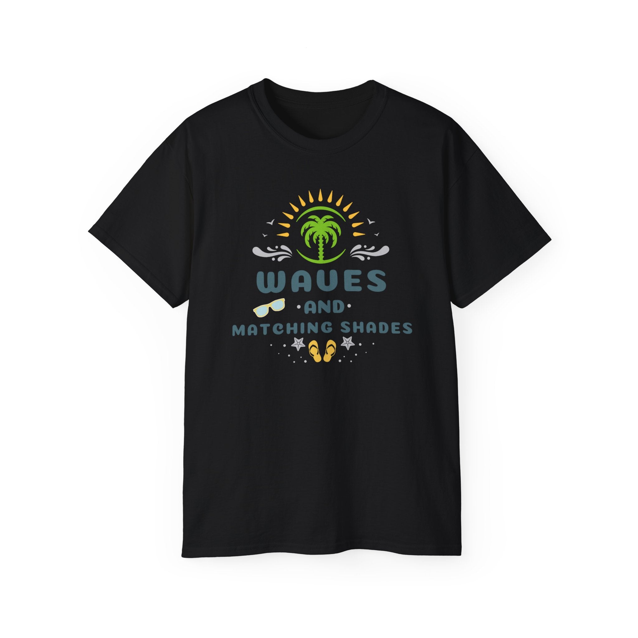 Waves and Matching Shades Tee — Retro Palm Beach Graphic T-Shirt