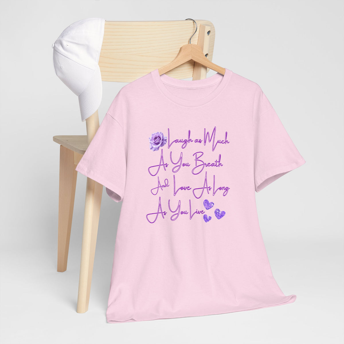 Inspirational Script Tee — "Breathe, Believe, Love" Purple Handwritten Design