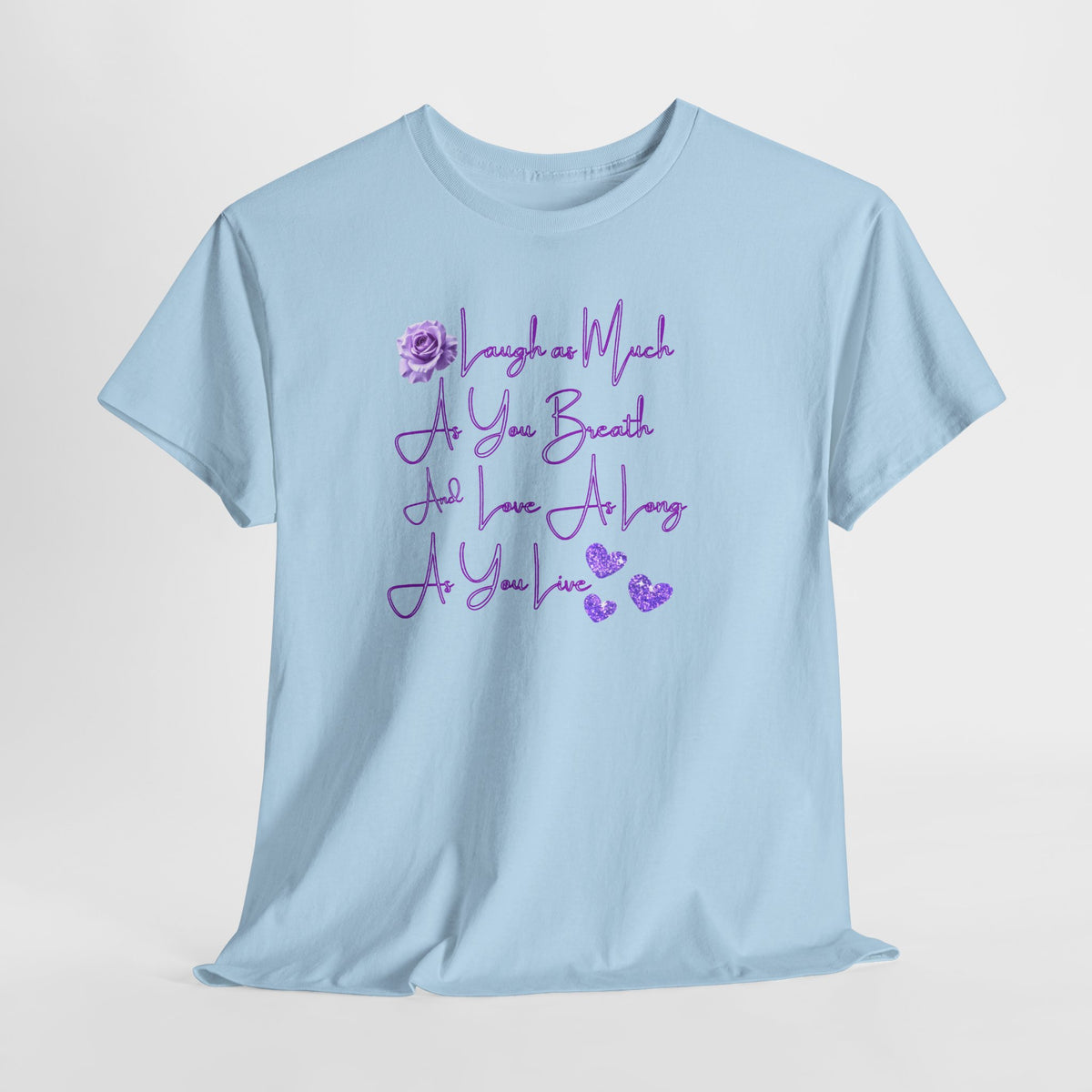 Inspirational Script Tee — "Breathe, Believe, Love" Purple Handwritten Design