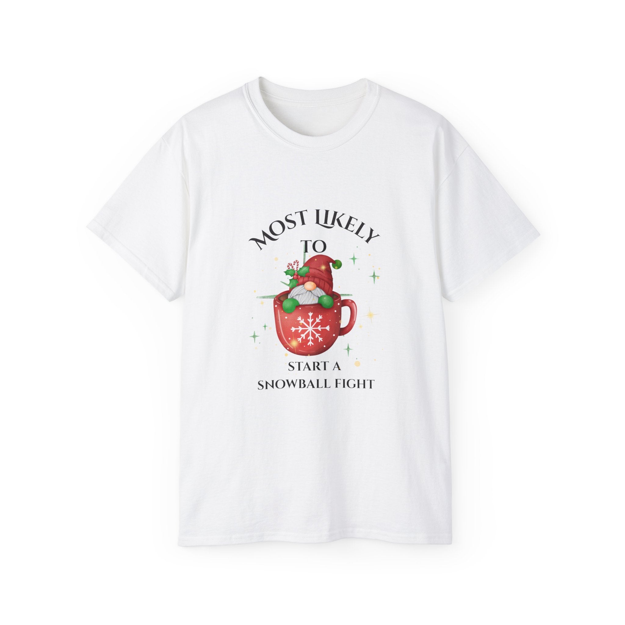 Mostly Likely to Start a Snowball Fight Cotton Tee - Fun Winter Shirt, Holiday Gift, Christmas Apparel, Cool Snow Day Outfit, Festive Party Top