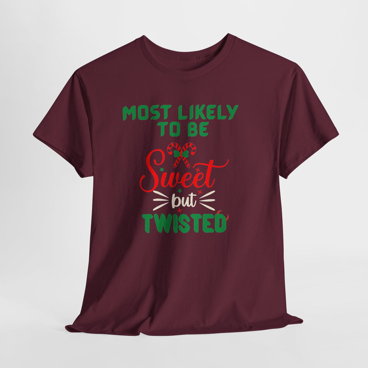 Most Likely to Be Sweet Twisted Christmas Candy Cane T-Shirt