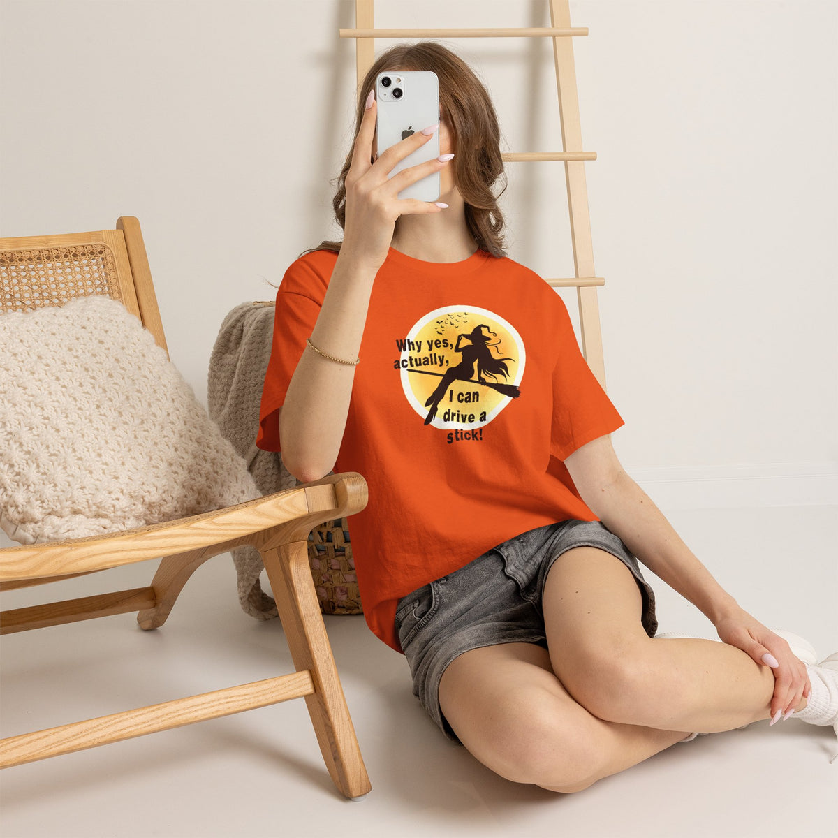 Witch on Broom T-Shirt — "Why yes, actually, I can drive a stick!" Halloween Tee