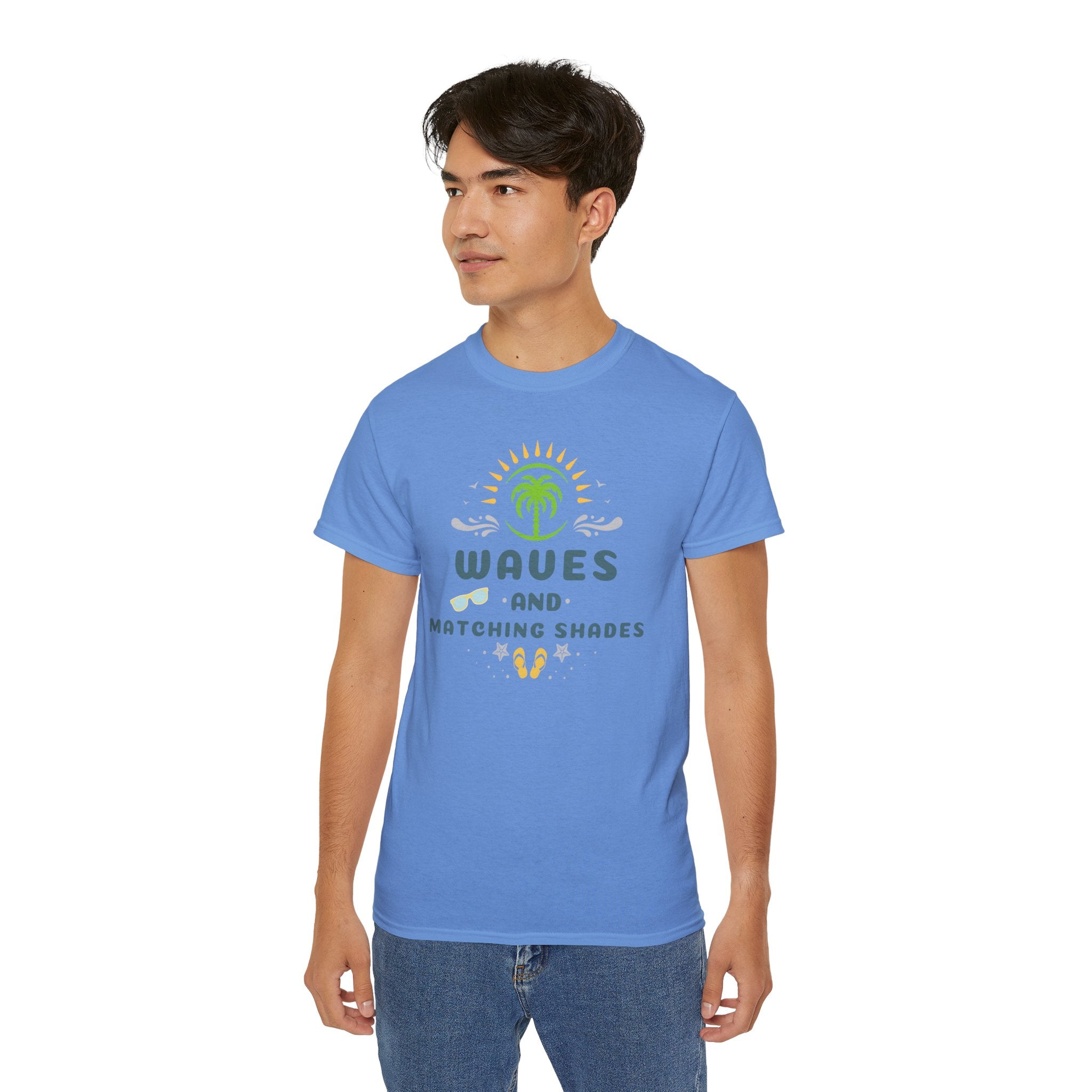 Waves and Matching Shades Tee — Retro Palm Beach Graphic T-Shirt