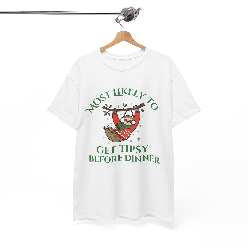 Most Likely to Get Tipsy Before Dinner Christmas Sloth T-Shirt