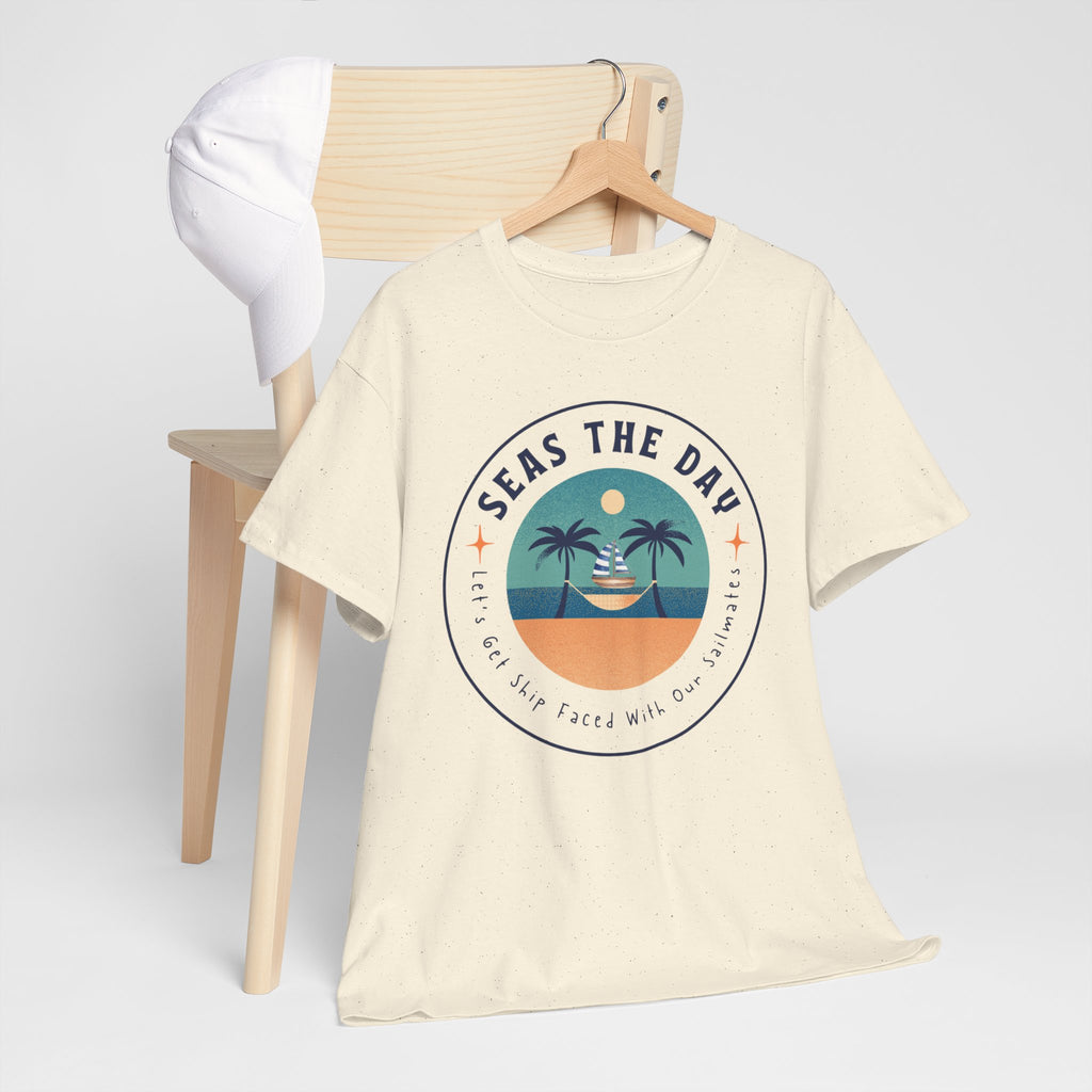 Seas the Day Beach Tee — Retro Palm Tree Sunset “Seas the Day” Graphic Shirt
