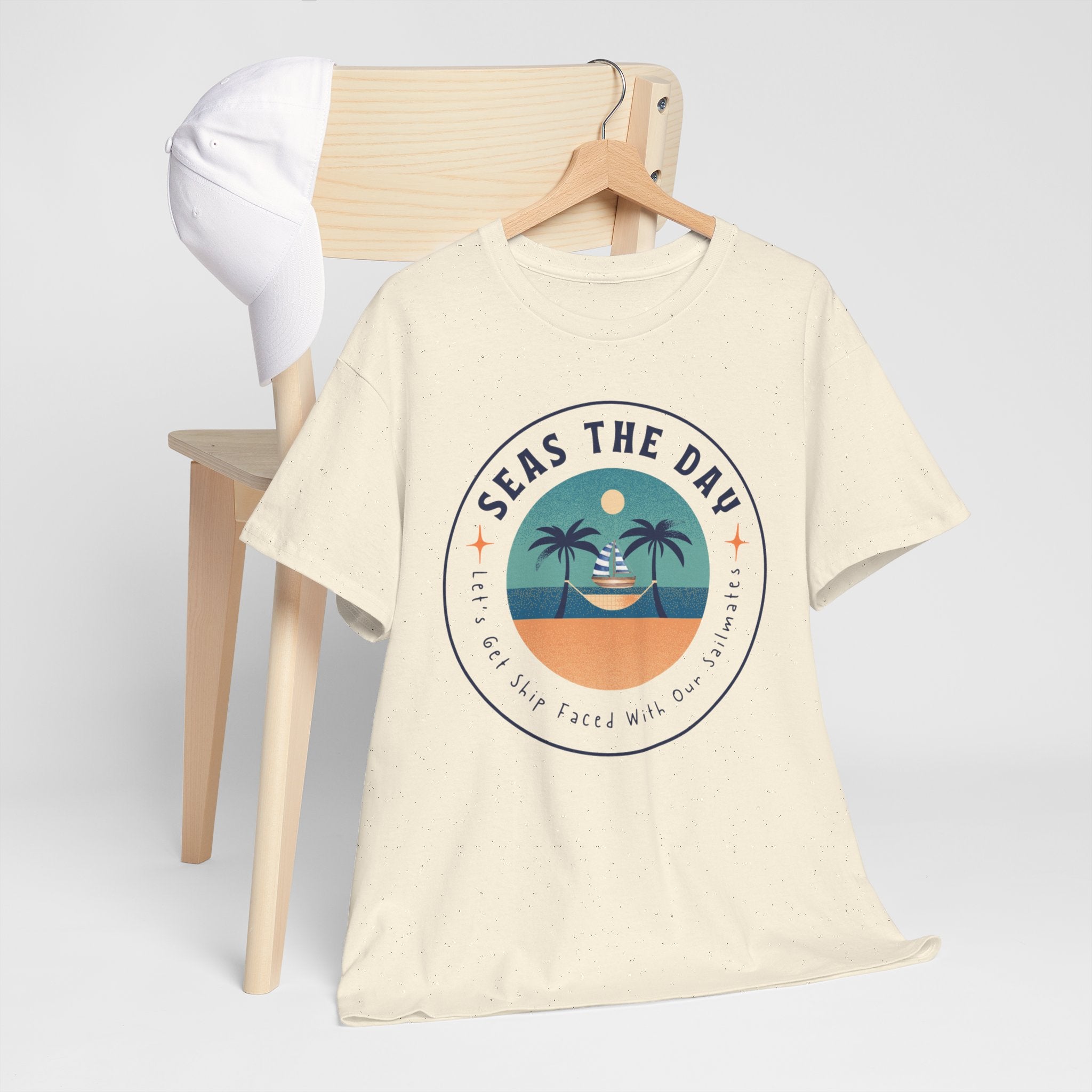 Seas the Day Beach Tee — Retro Palm Tree Sunset “Seas the Day” Graphic Shirt