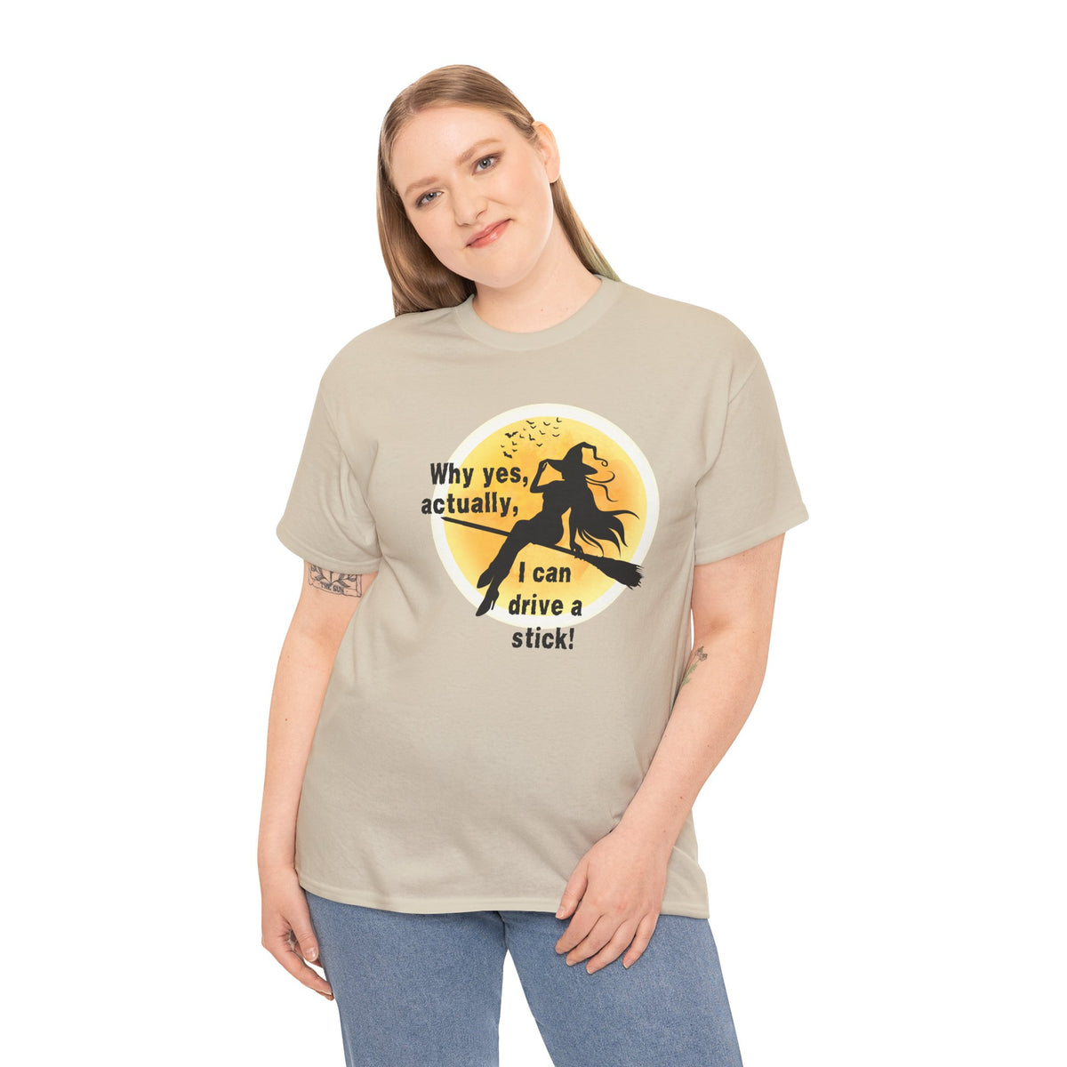 Witch on Broom T-Shirt — "Why yes, actually, I can drive a stick!" Halloween Tee