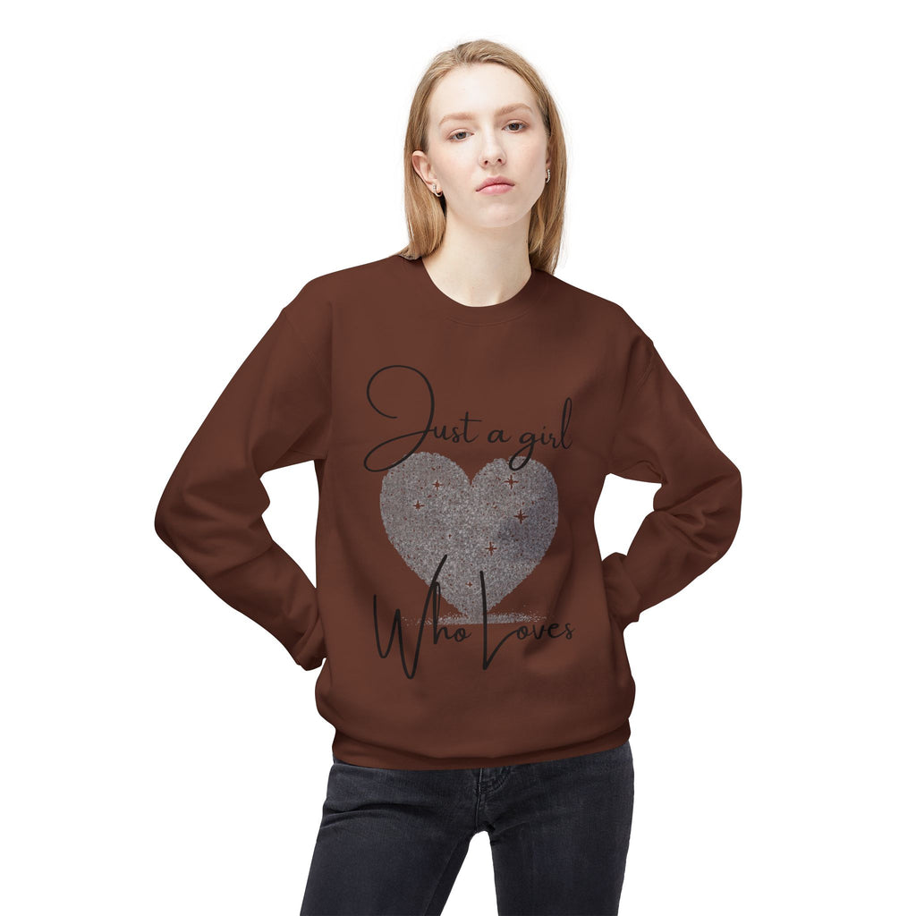 Crewneck Sweatshirt - Glitter Heart "Just a girl who loves" Cozy Graphic Pullover