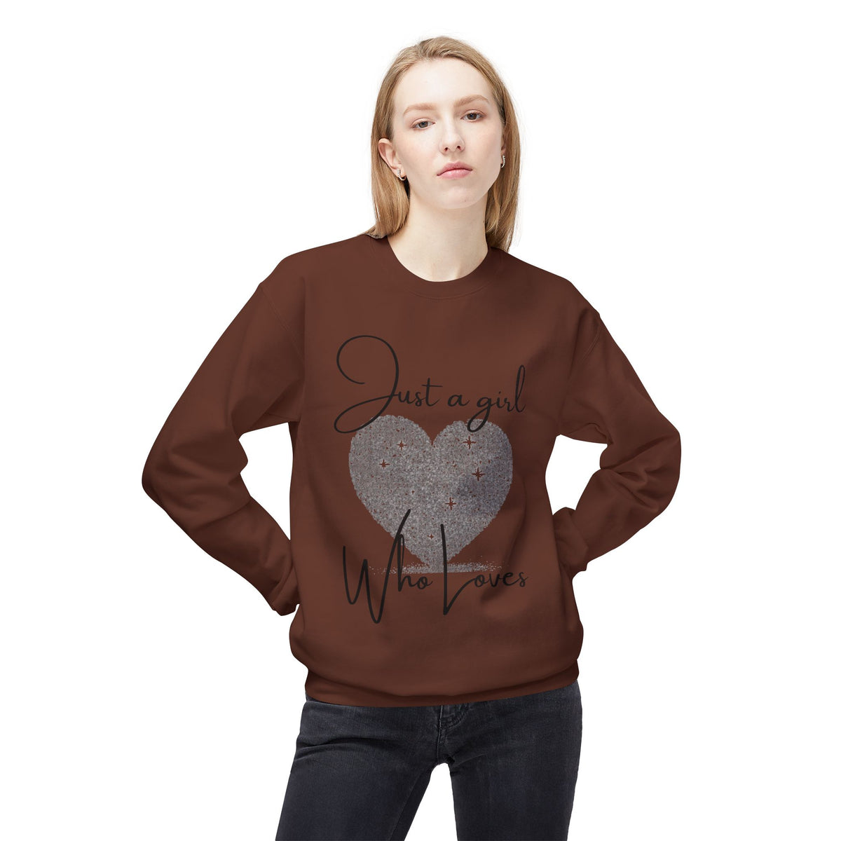 Crewneck Sweatshirt - Glitter Heart "Just a girl who loves" Cozy Graphic Pullover