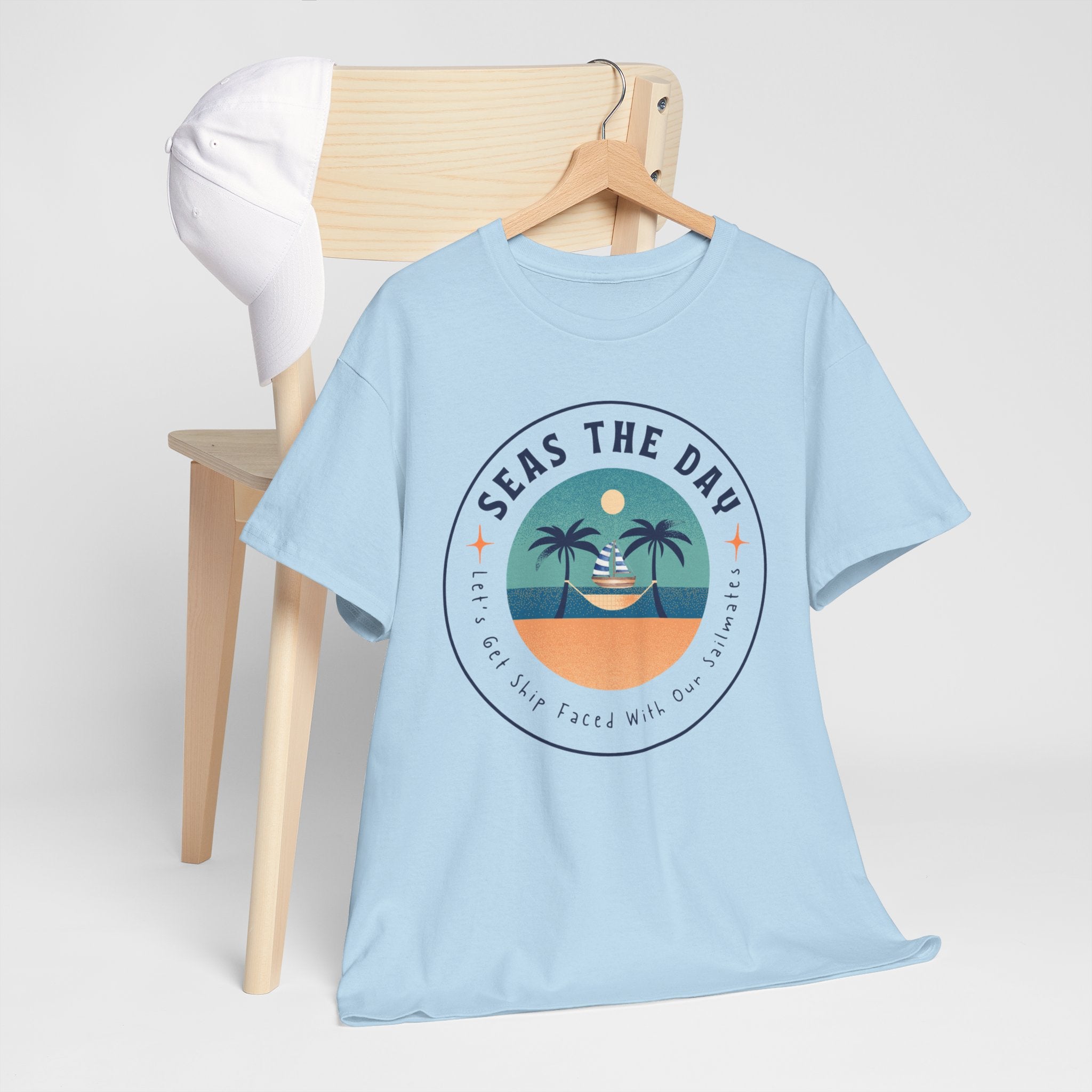 Seas the Day Beach Tee — Retro Palm Tree Sunset “Seas the Day” Graphic Shirt