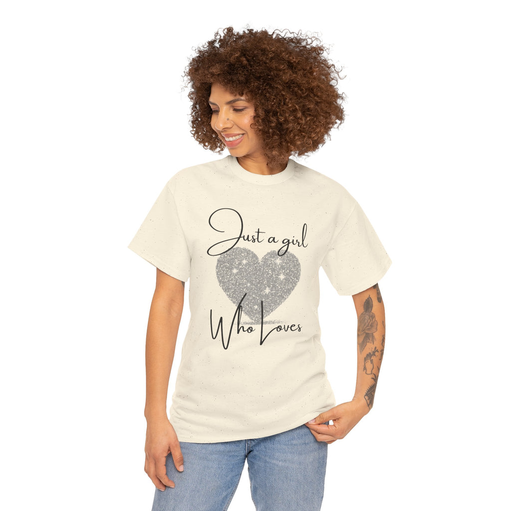 Glitter Heart Tee — "Just a girl who loves" Graphic T-Shirt
