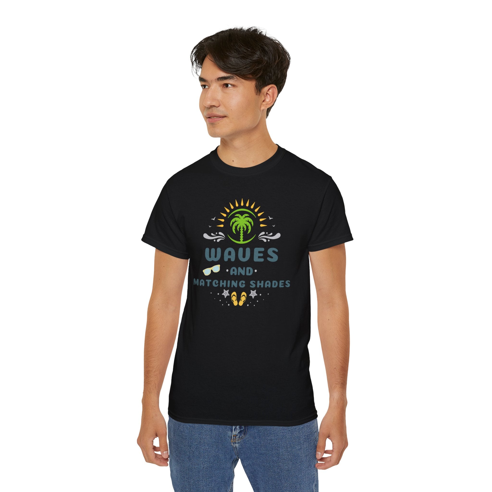Waves and Matching Shades Tee — Retro Palm Beach Graphic T-Shirt