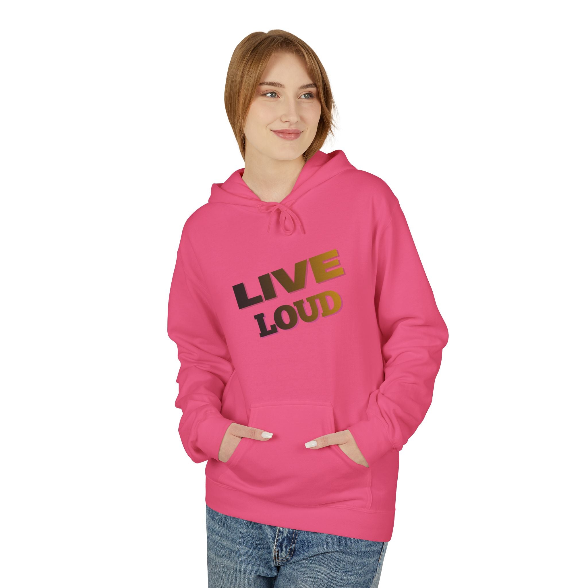 Live Loud Hoodie — Bold Diagonal Text Graphic Pullover