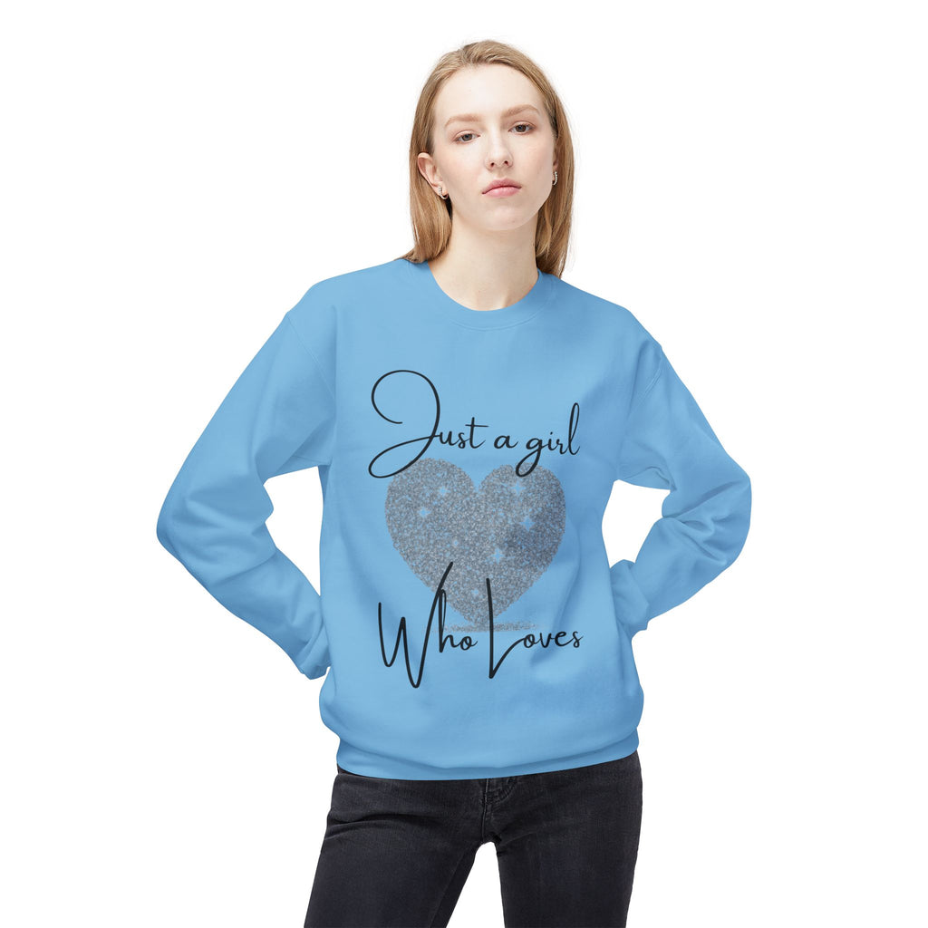 Crewneck Sweatshirt - Glitter Heart "Just a girl who loves" Cozy Graphic Pullover