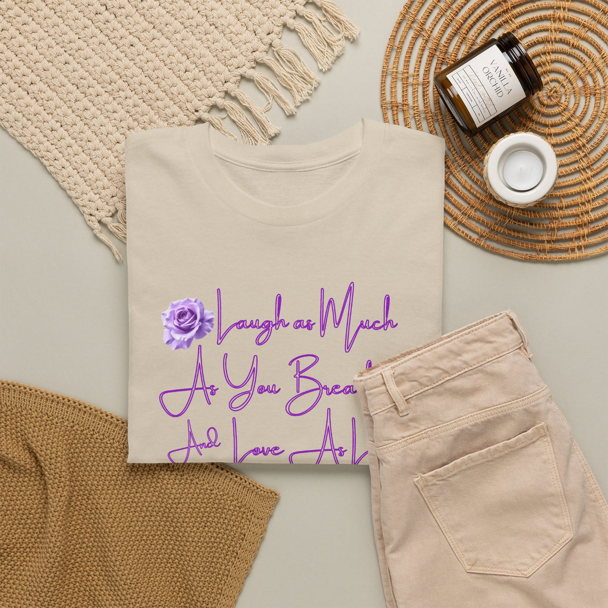Inspirational Script Tee — "Breathe, Believe, Love" Purple Handwritten Design