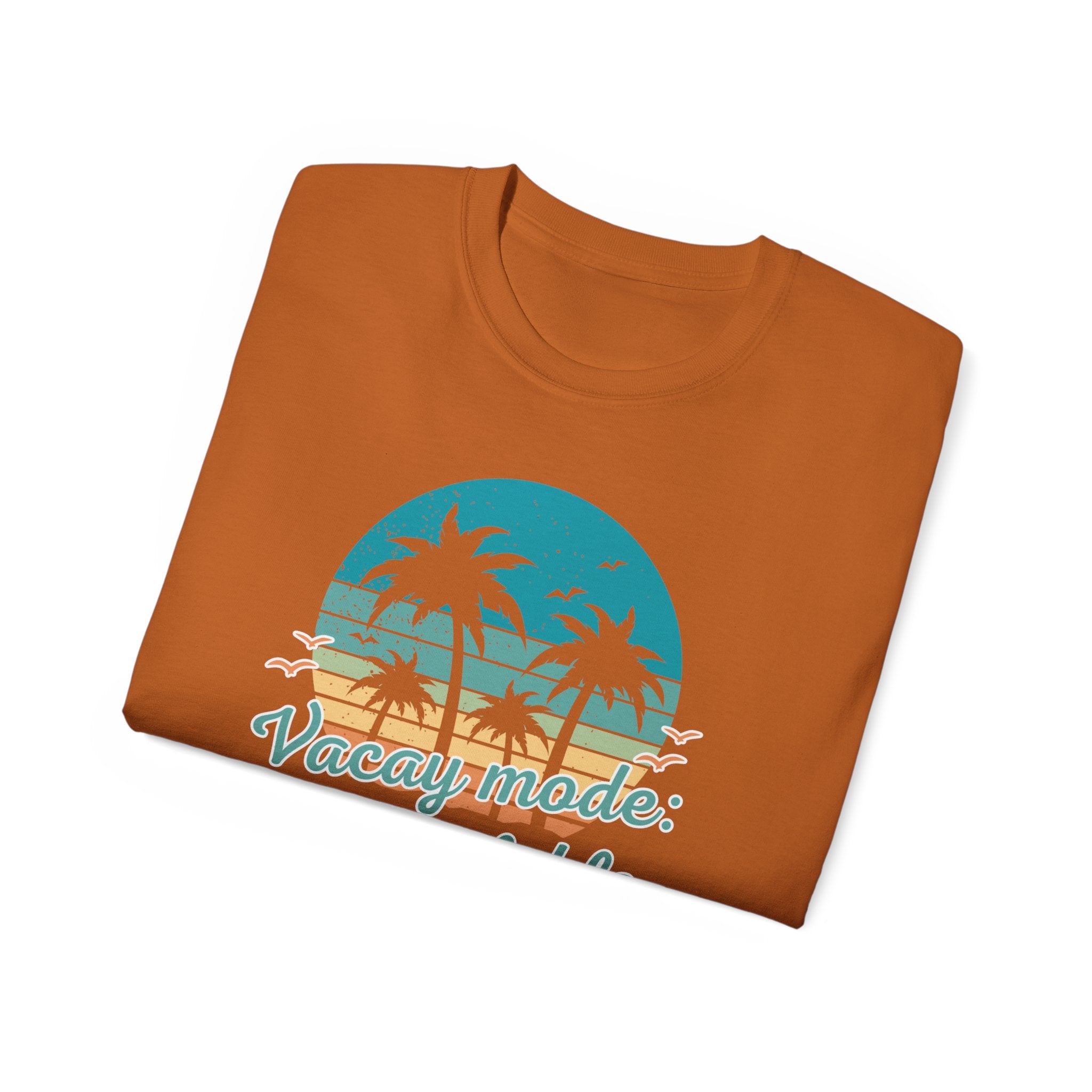Vacation Mode Tee — Retro Palm Beach Sunset Graphic T-Shirt