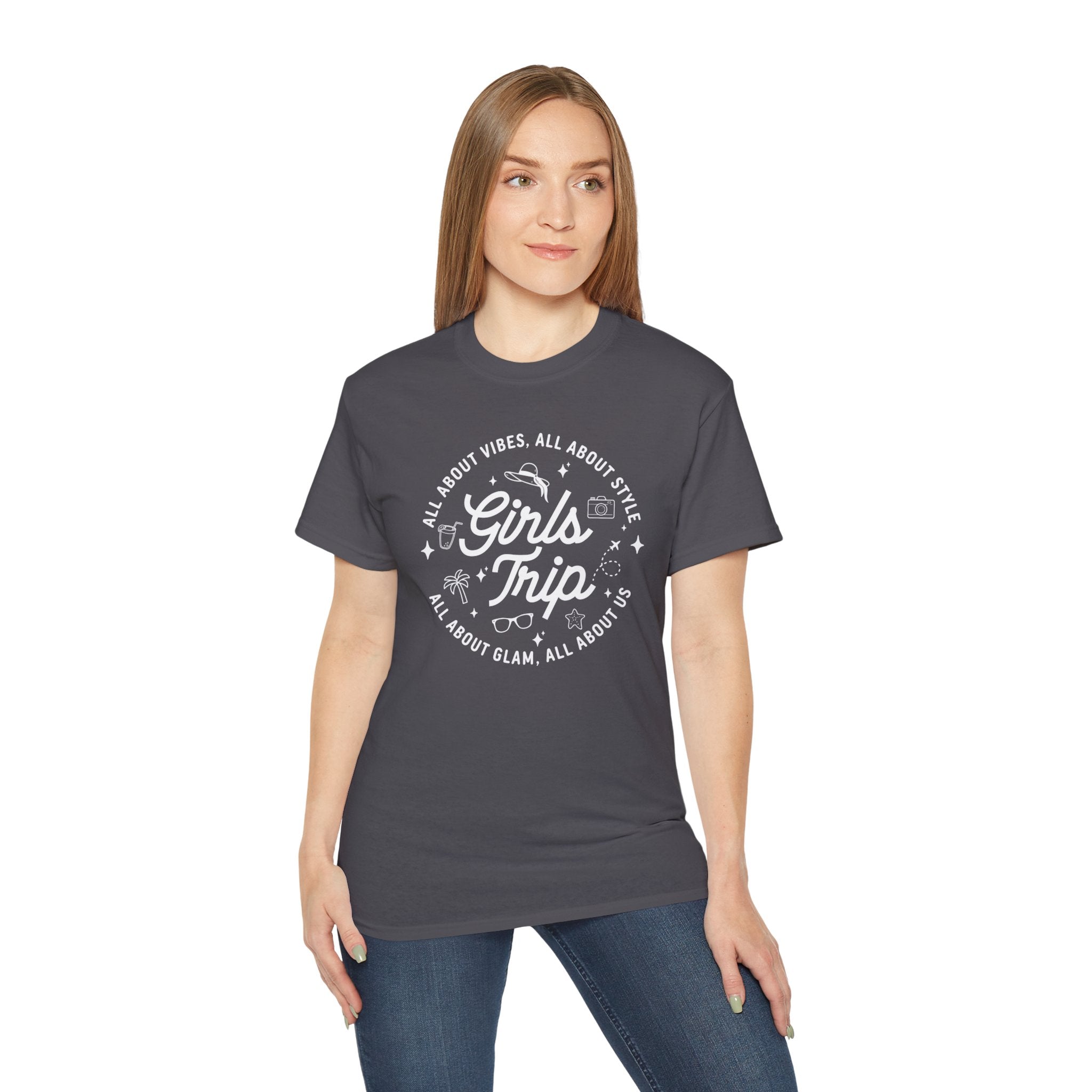 Girls Trip T-Shirt — 'All About Vibes, All About Style' Graphic Tee for Bachelorette & Vacation