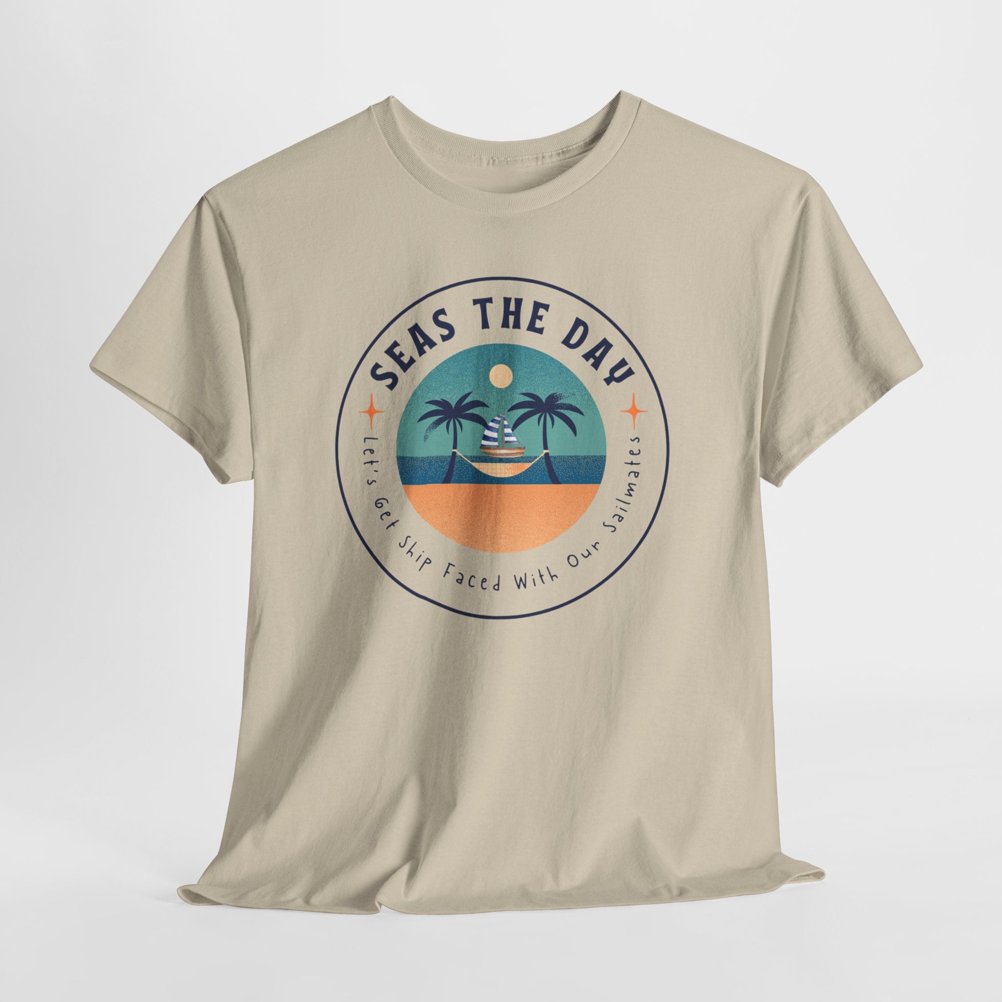 Seas the Day Beach Tee — Retro Palm Tree Sunset “Seas the Day” Graphic Shirt