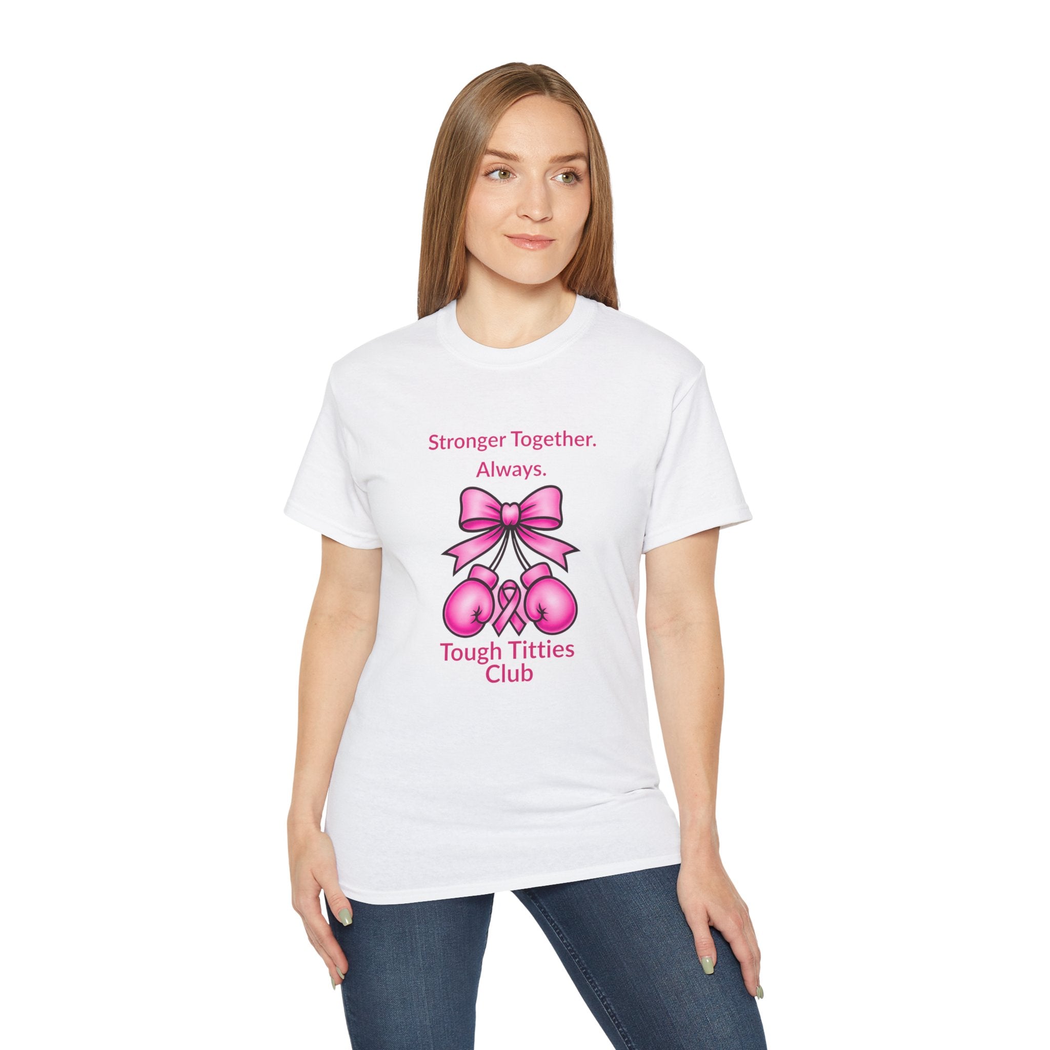 T-Shirt — "Stronger Together. Always. Tough Titties Club" Pink Ribbon Boxing Design