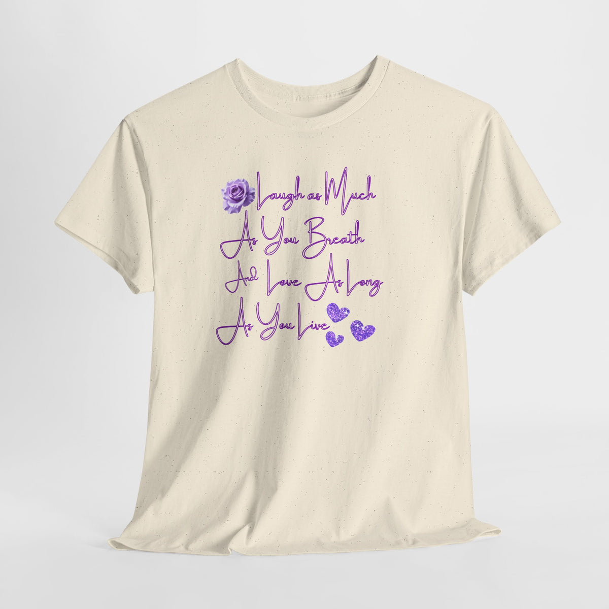 Inspirational Script Tee — "Breathe, Believe, Love" Purple Handwritten Design