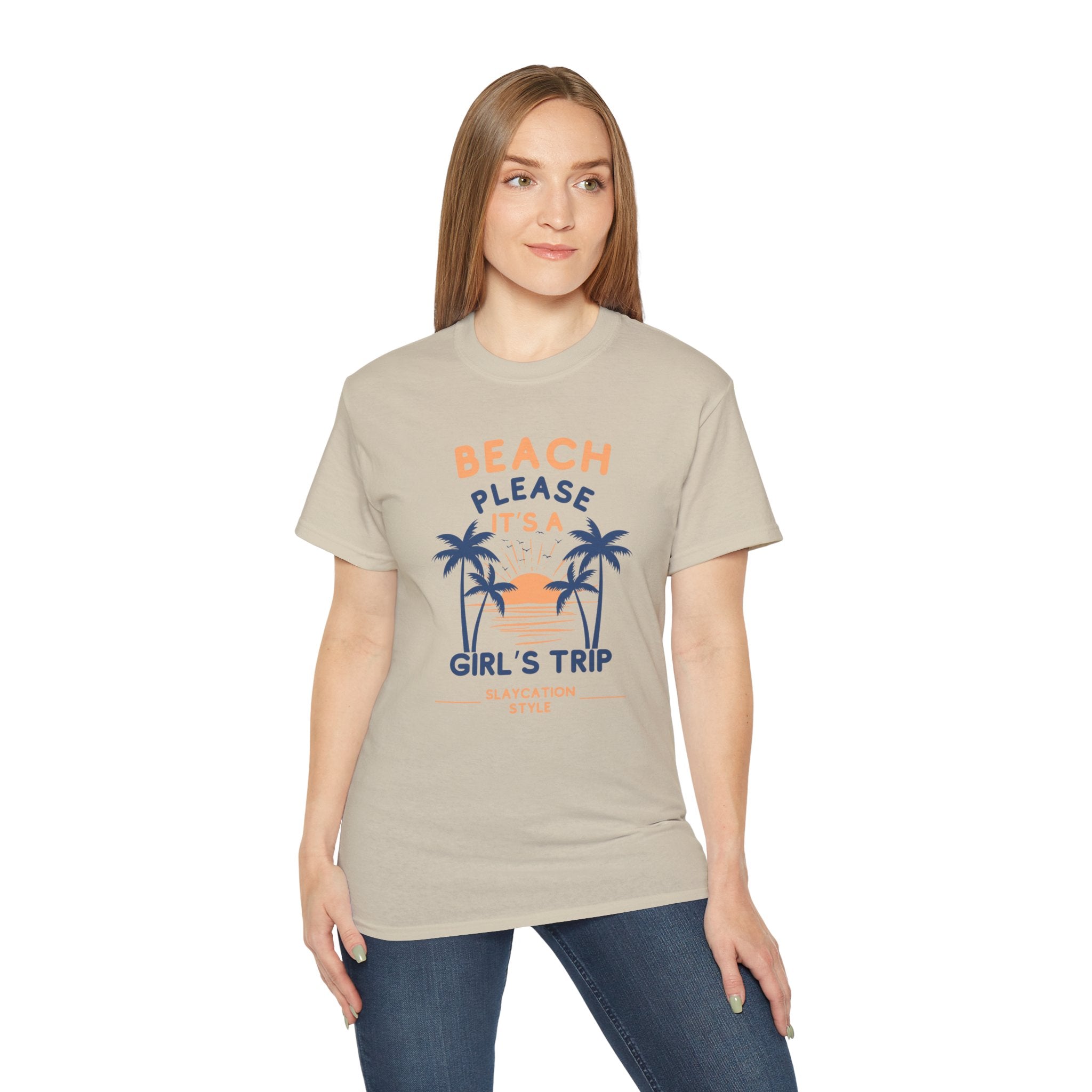 Beach Please It's a Girl's Trip Tee — Tropical Palm Sunset Vacation Shirt