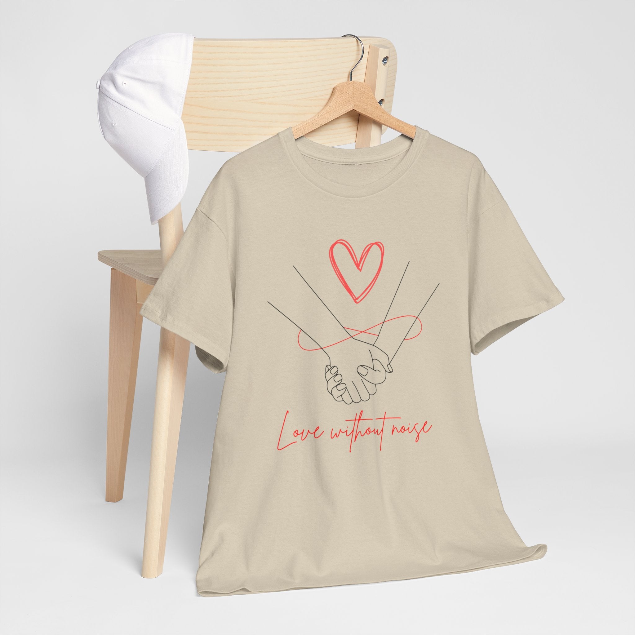Romantic Holding Hands Tee — "Love Without Noise" Cotton Shirt