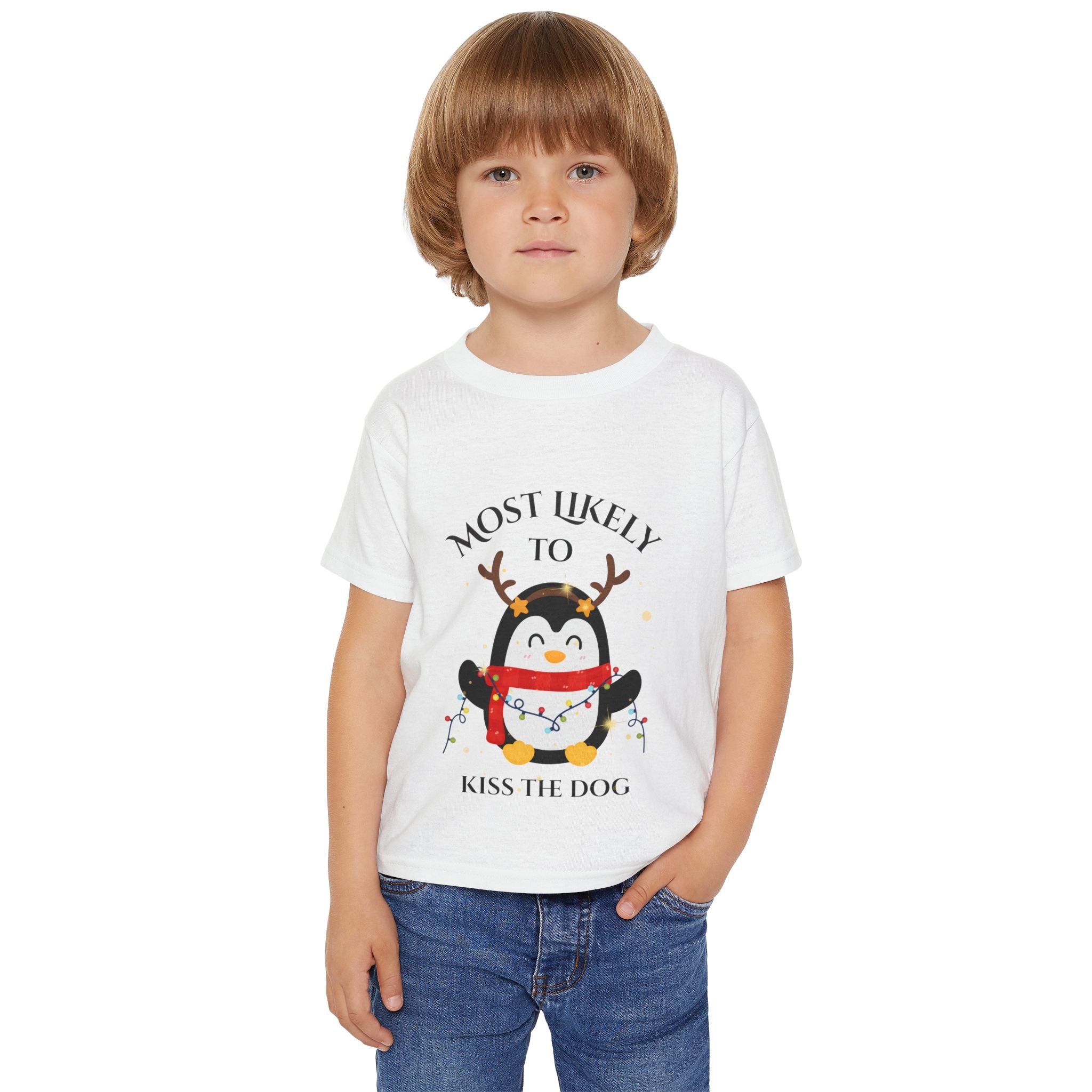 Cute Toddler T-Shirt with Penguin Design, Most Likely to Kiss the Dog, Funny Kids Tee, Christmas Gift, Animal Lover Shirt, Toddler Apparel