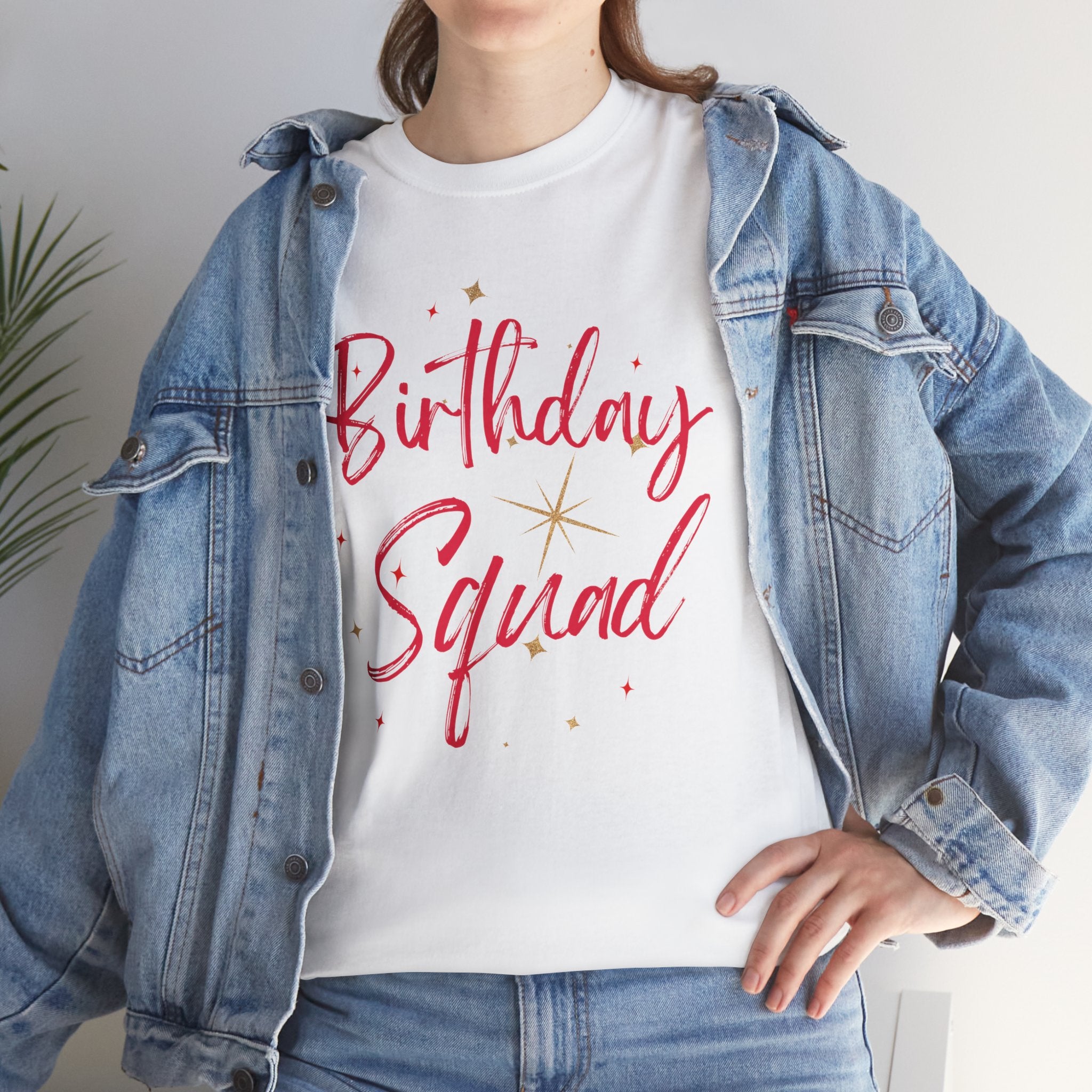 Birthday Squad T-Shirt — Women's Party Tee with Pink Script & Gold Stars