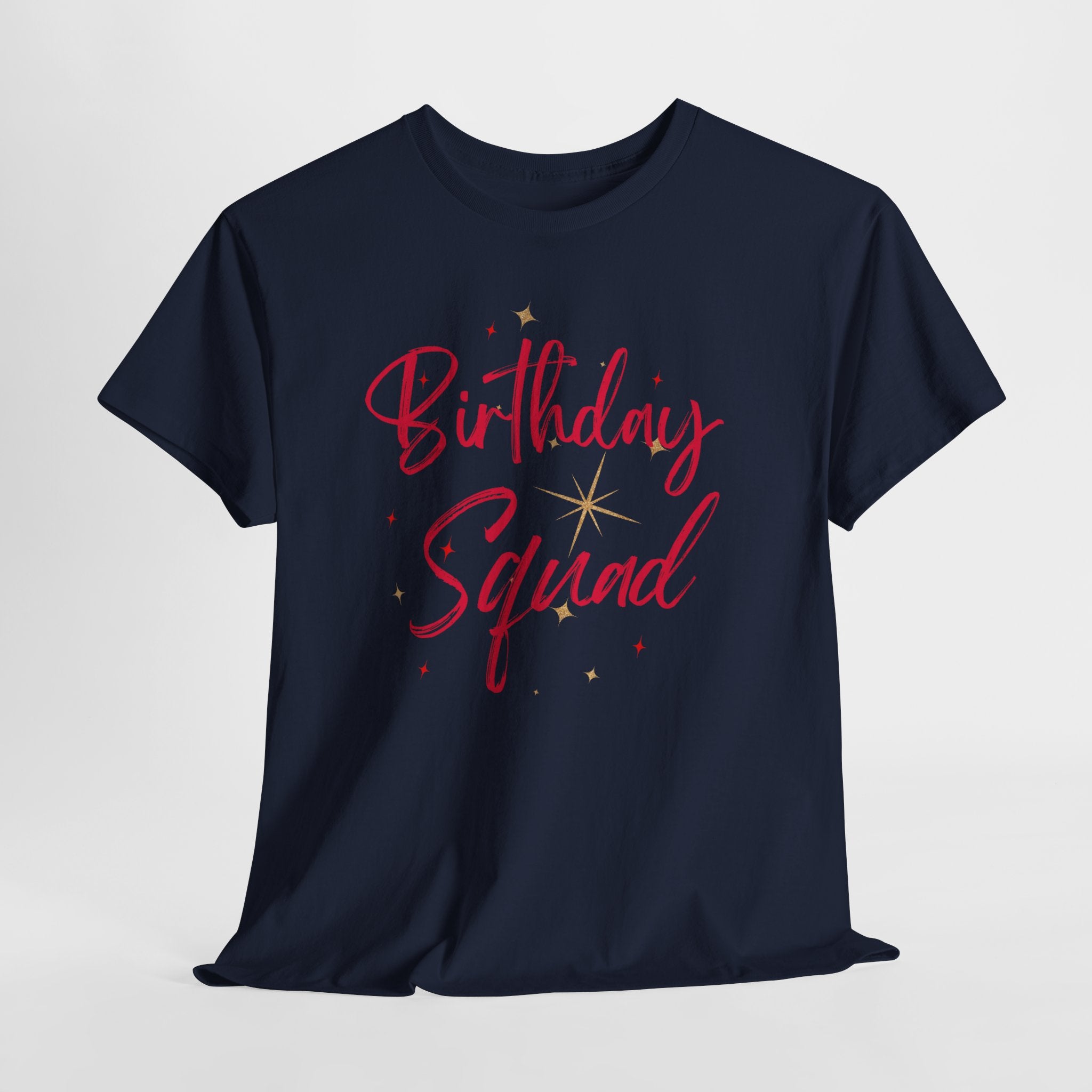 Birthday Squad T-Shirt — Women's Party Tee with Pink Script & Gold Stars