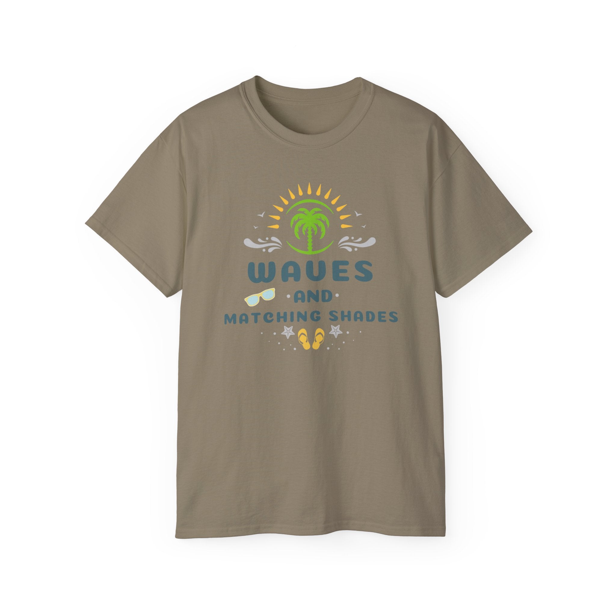 Waves and Matching Shades Tee — Retro Palm Beach Graphic T-Shirt