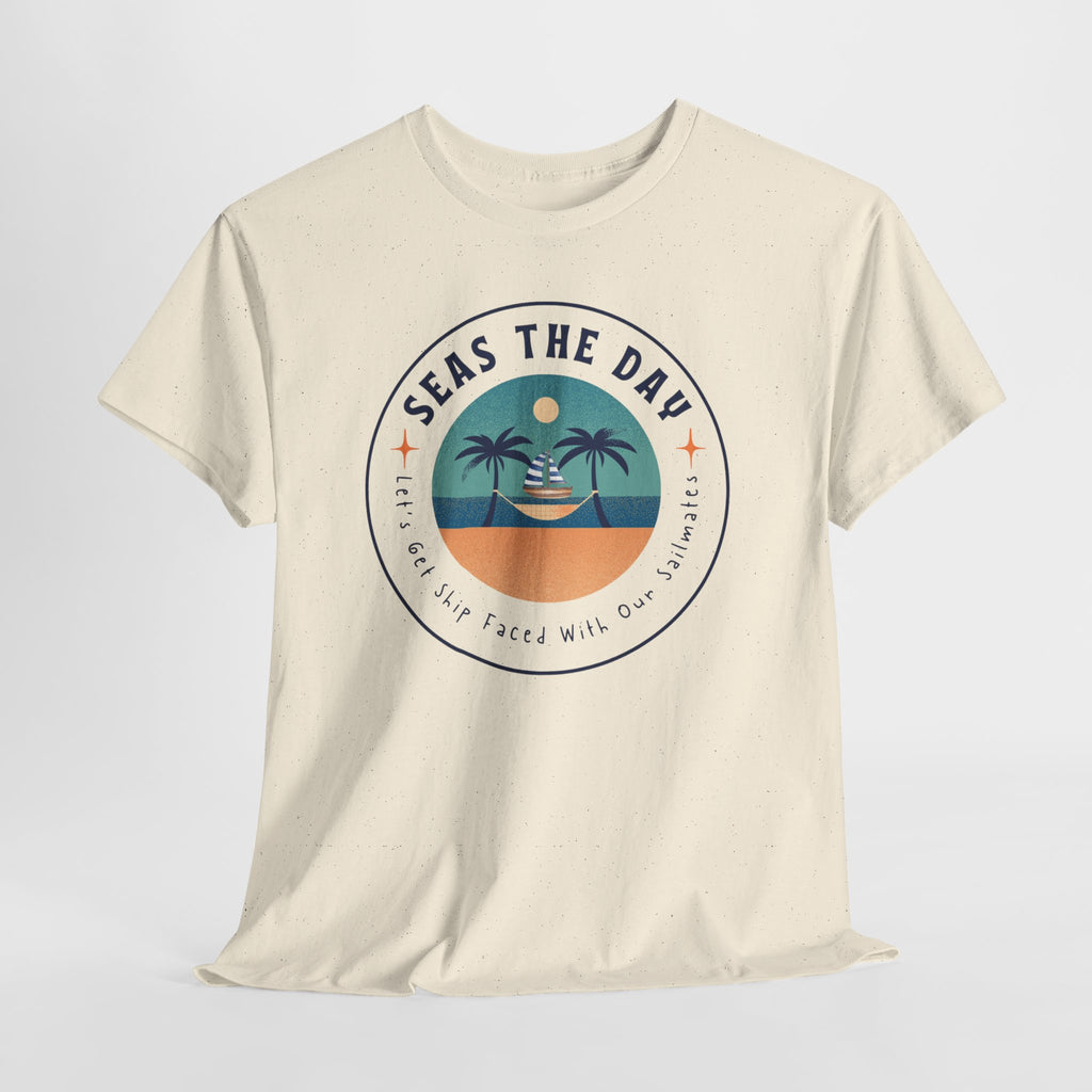 Seas the Day Beach Tee — Retro Palm Tree Sunset “Seas the Day” Graphic Shirt