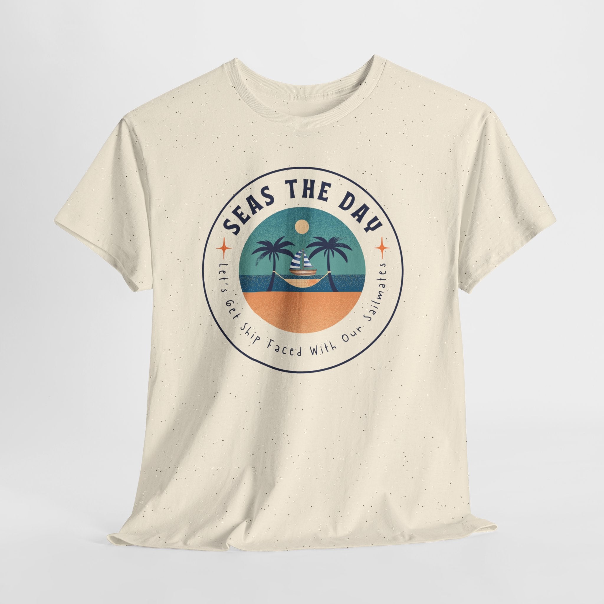 Seas the Day Beach Tee — Retro Palm Tree Sunset “Seas the Day” Graphic Shirt