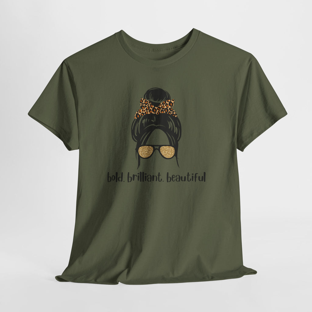 Graphic Tee — Messy Bun Sunglasses Design with "Bold Brilliant Beautiful" Text