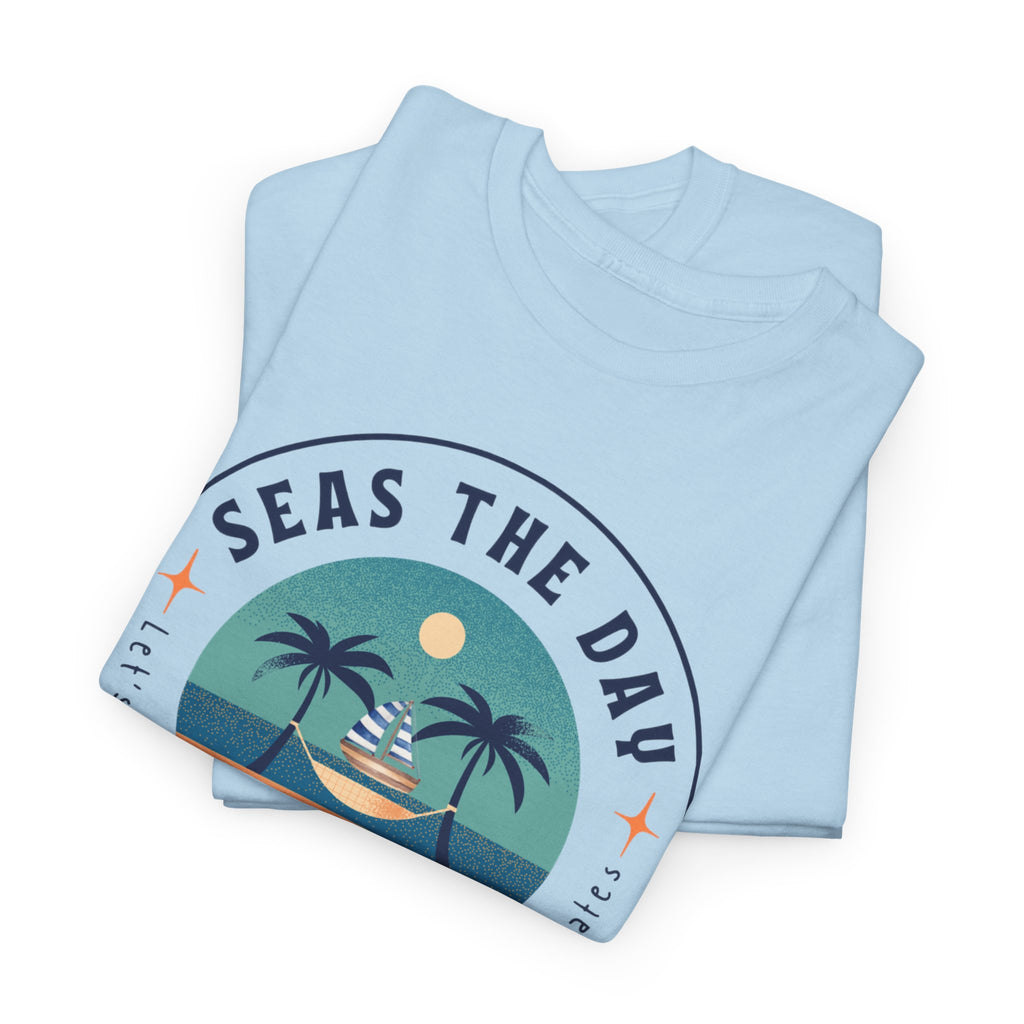 Seas the Day Beach Tee — Retro Palm Tree Sunset “Seas the Day” Graphic Shirt