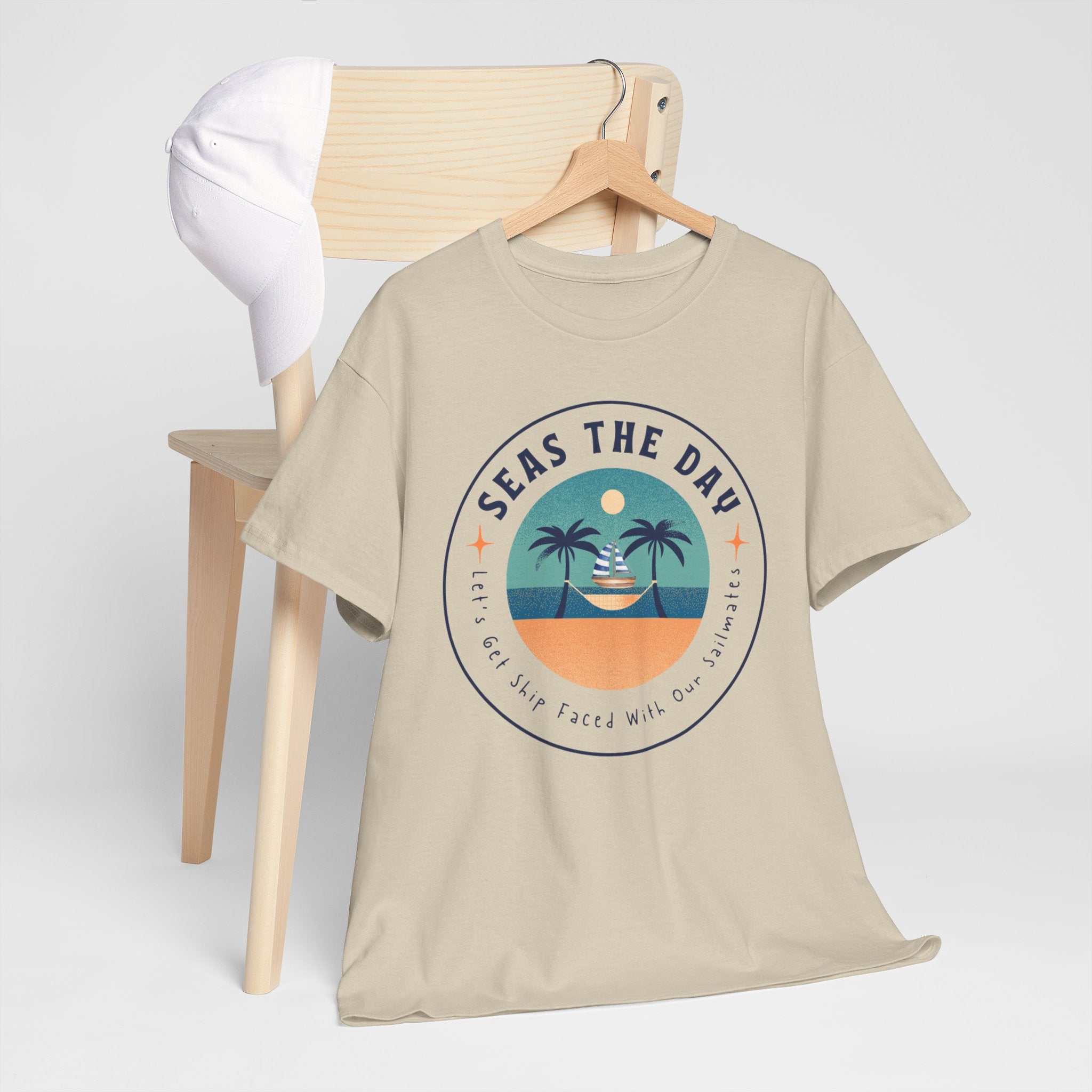 Seas the Day Beach Tee — Retro Palm Tree Sunset “Seas the Day” Graphic Shirt