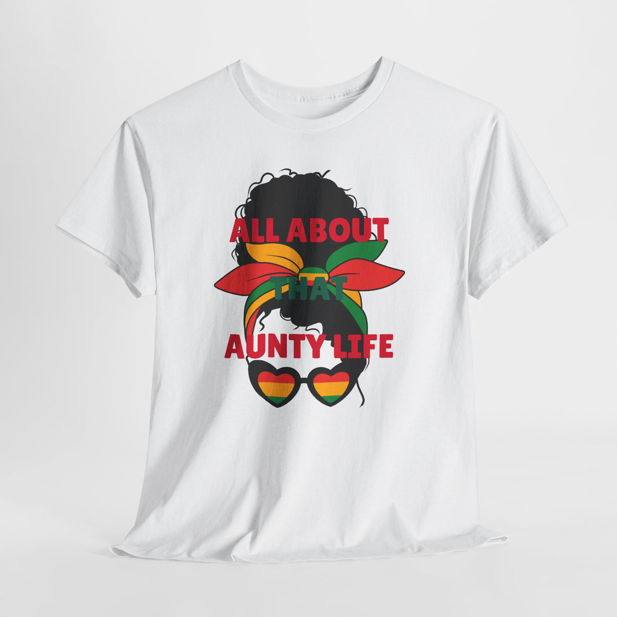 Aunty Life Tee – "All About Aunty Life" Graphic T-Shirt (Tropical Heart Sunglasses)