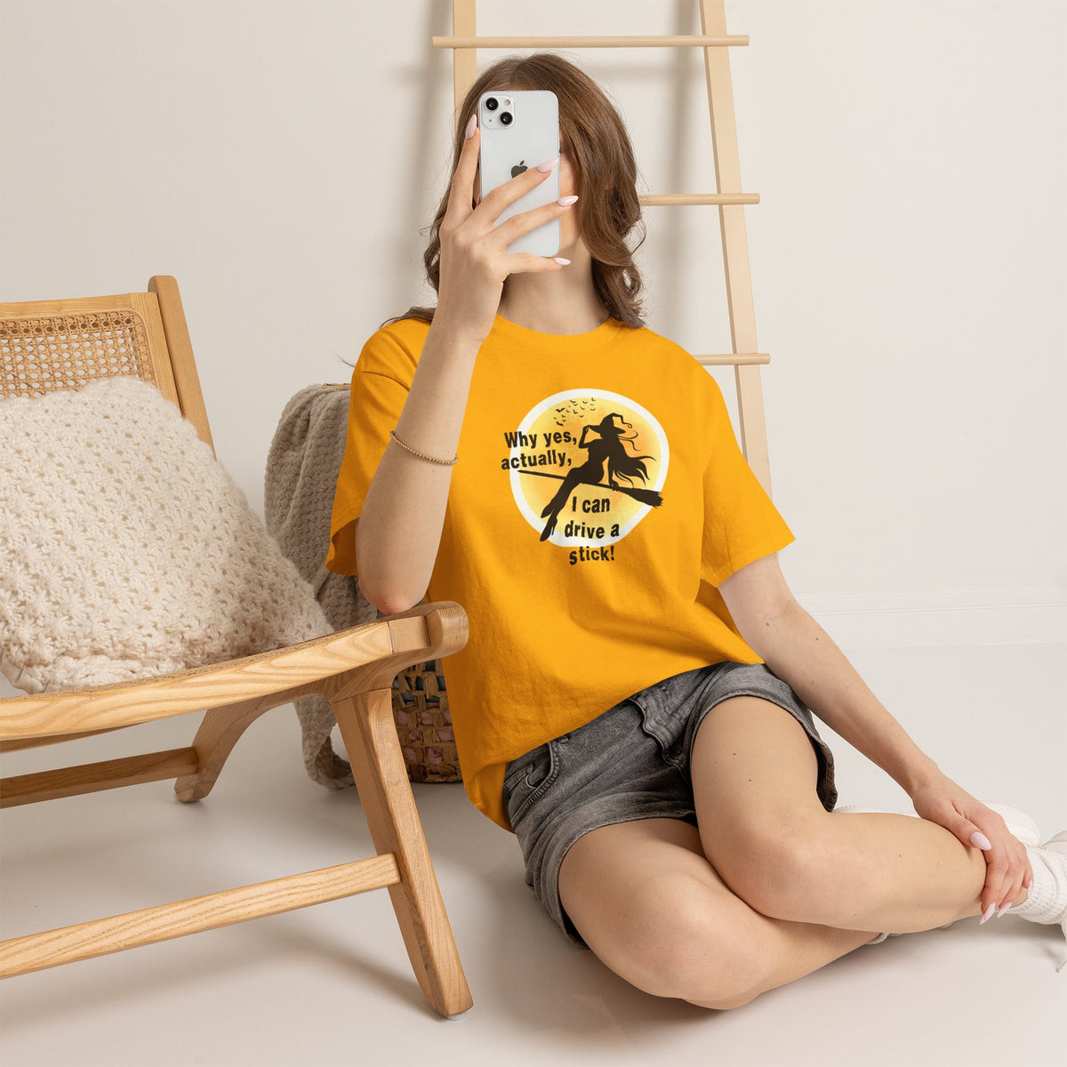 Witch on Broom T-Shirt — "Why yes, actually, I can drive a stick!" Halloween Tee
