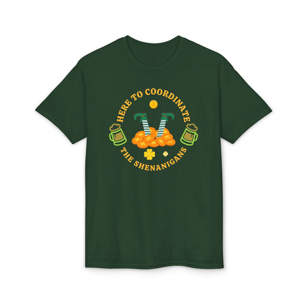 St. Patrick's Day 'Here to Coordinate the Shenanigans' T-Shirt — Leprechaun Legs & Beer Graphic