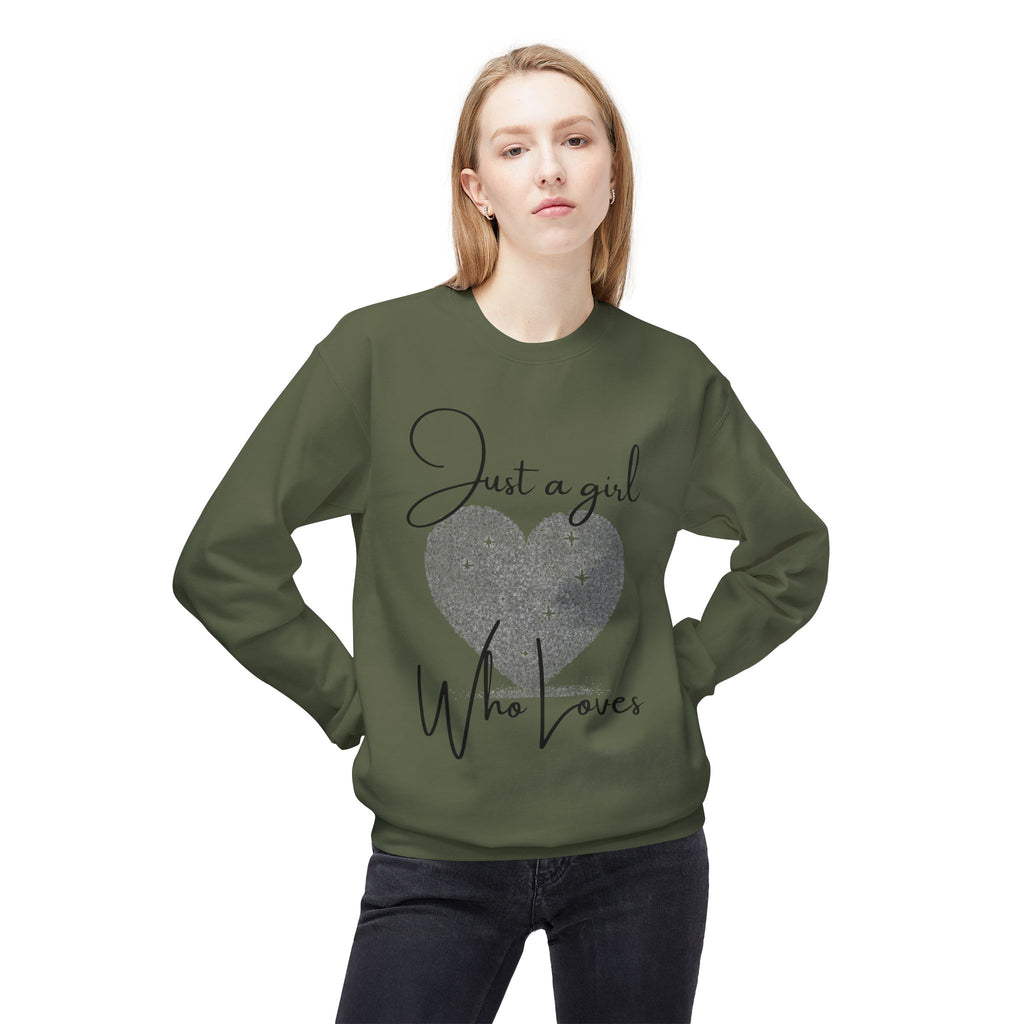 Crewneck Sweatshirt - Glitter Heart "Just a girl who loves" Cozy Graphic Pullover