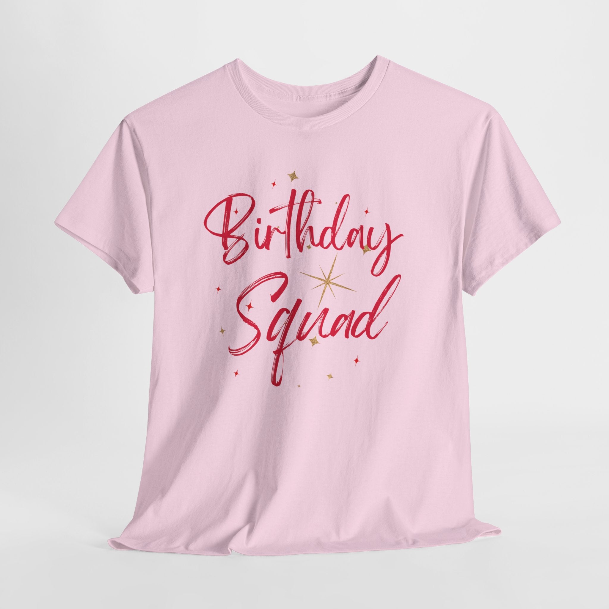 Birthday Squad T-Shirt — Women's Party Tee with Pink Script & Gold Stars
