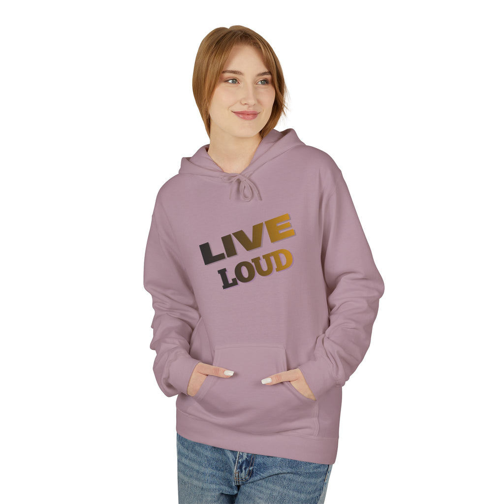 Live Loud Hoodie — Bold Diagonal Text Graphic Pullover