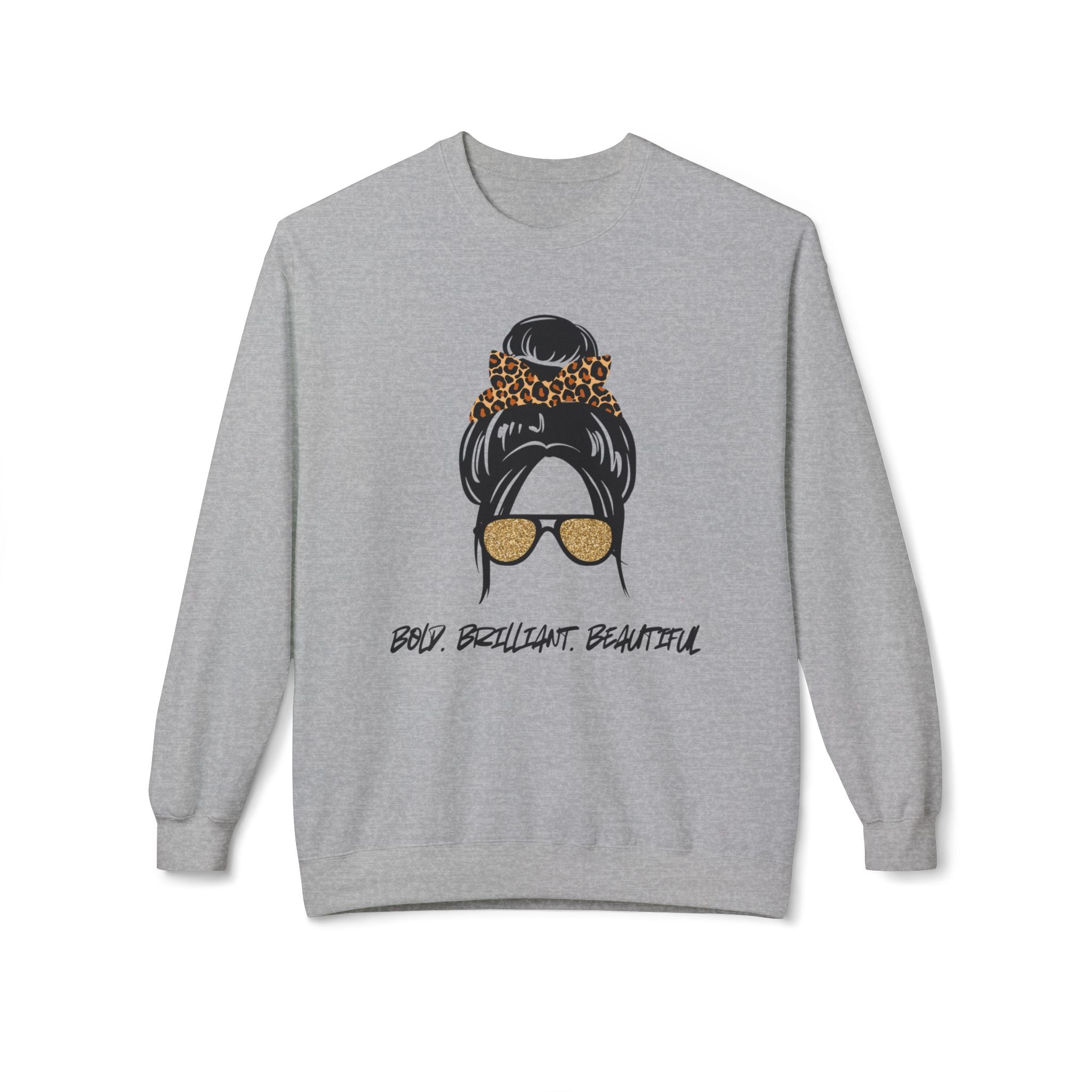 Bold Brilliant Beautiful Graphic Messy Bun Leopard Sunglasses Crewneck Sweatshirt